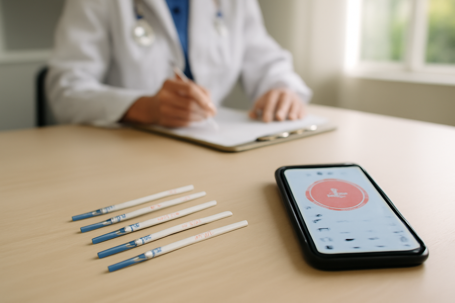 how often can double ovulation occur — realistic clinic lighting with ovulation test strips and a phone showing cycle tracking
