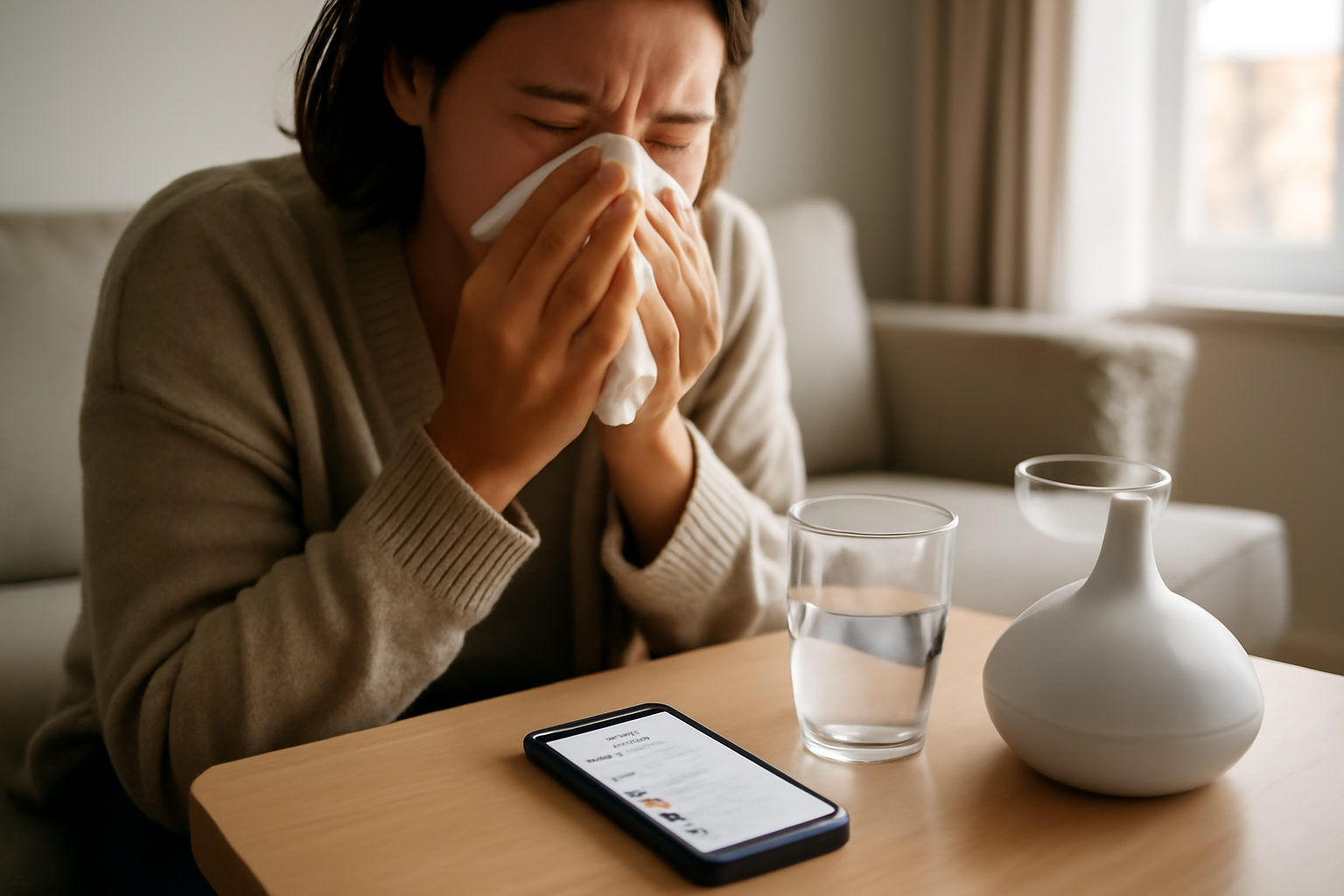 person evaluating whether is post nasal drip contagious during a sick day at home