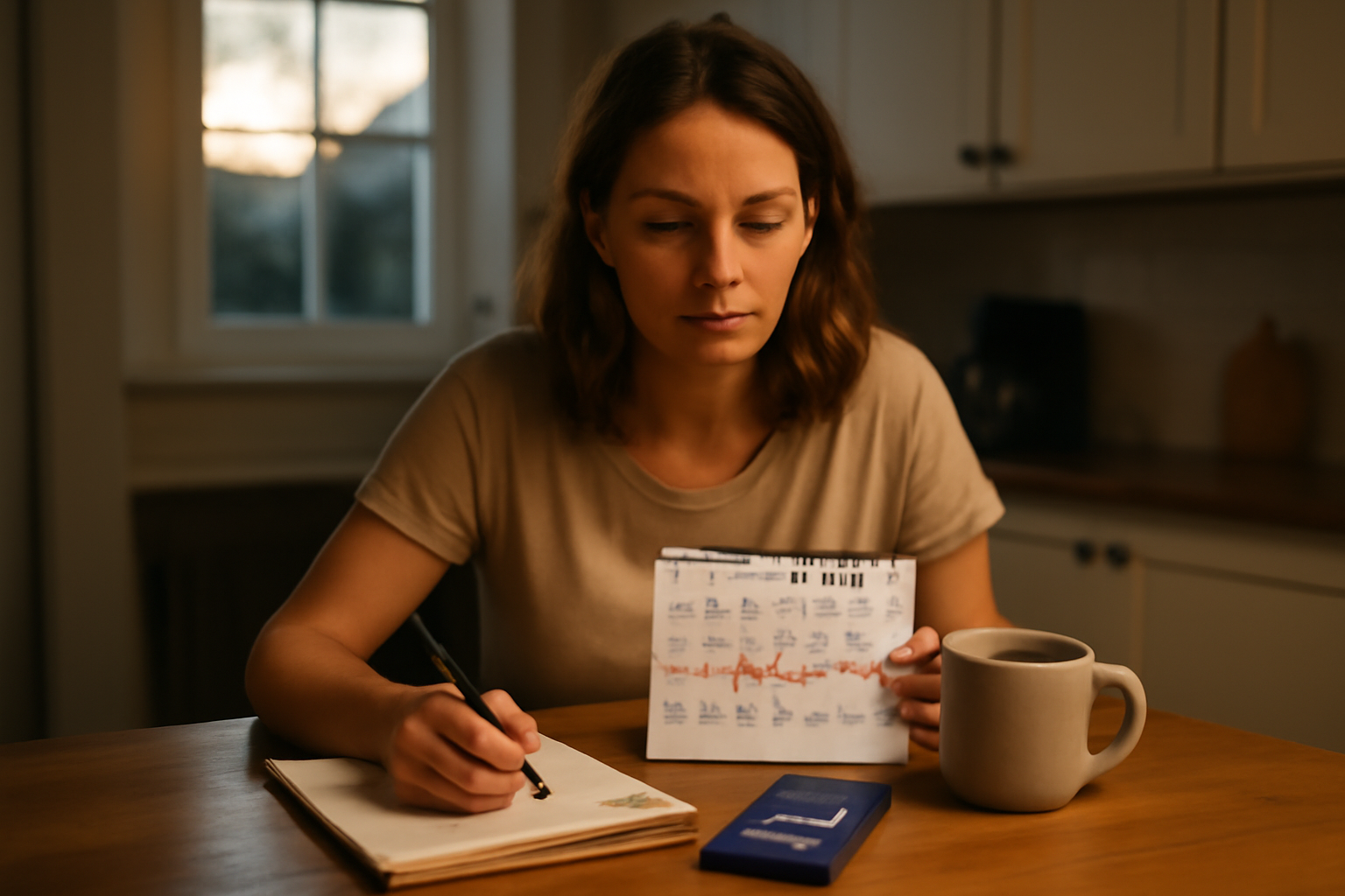 pms anxiety symptoms tracking on a calendar with a woman at a kitchen table, realistic photo