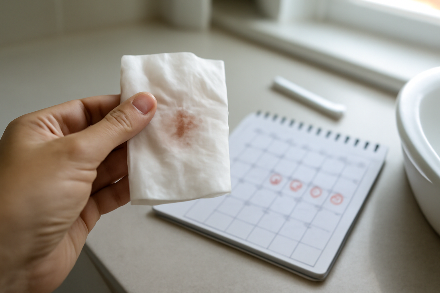 Spotting instead of period: realistic view of light pink and brown vaginal spotting on tissue with a menstrual calendar
