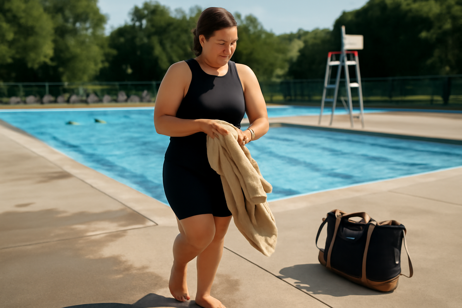Swimming in a pool with a yeast infection: a person leaving the pool, changing into dry clothes, and gently patting the area dry