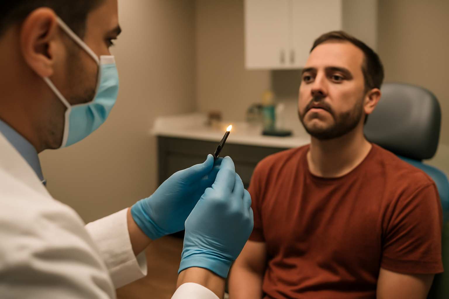 Throat with bumps on back: realistic view of a clinician examining the back of the throat with a light during a checkup