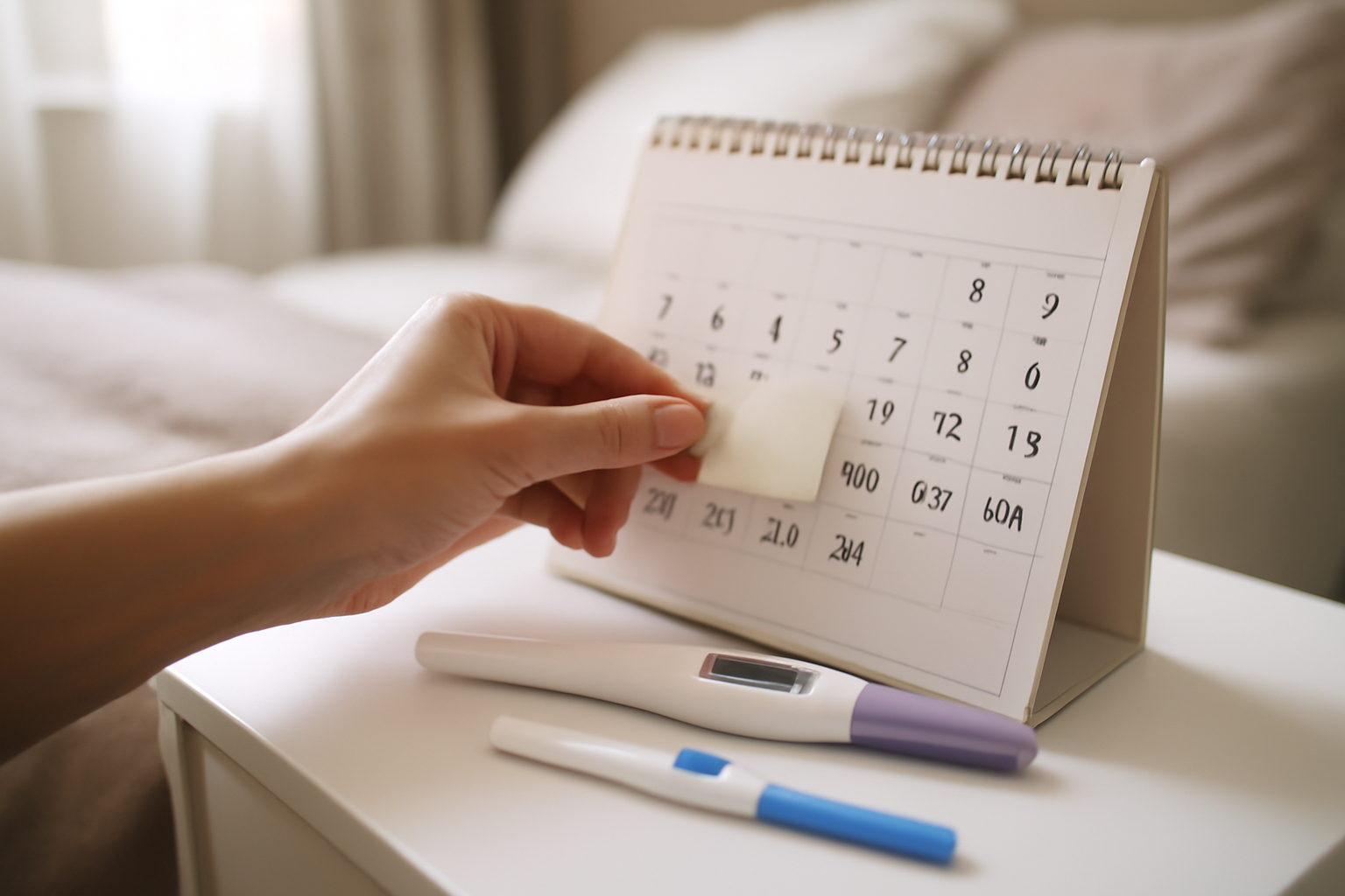 when does implantation occur timing after ovulation with ovulation date calendar and home pregnancy test on bedside table