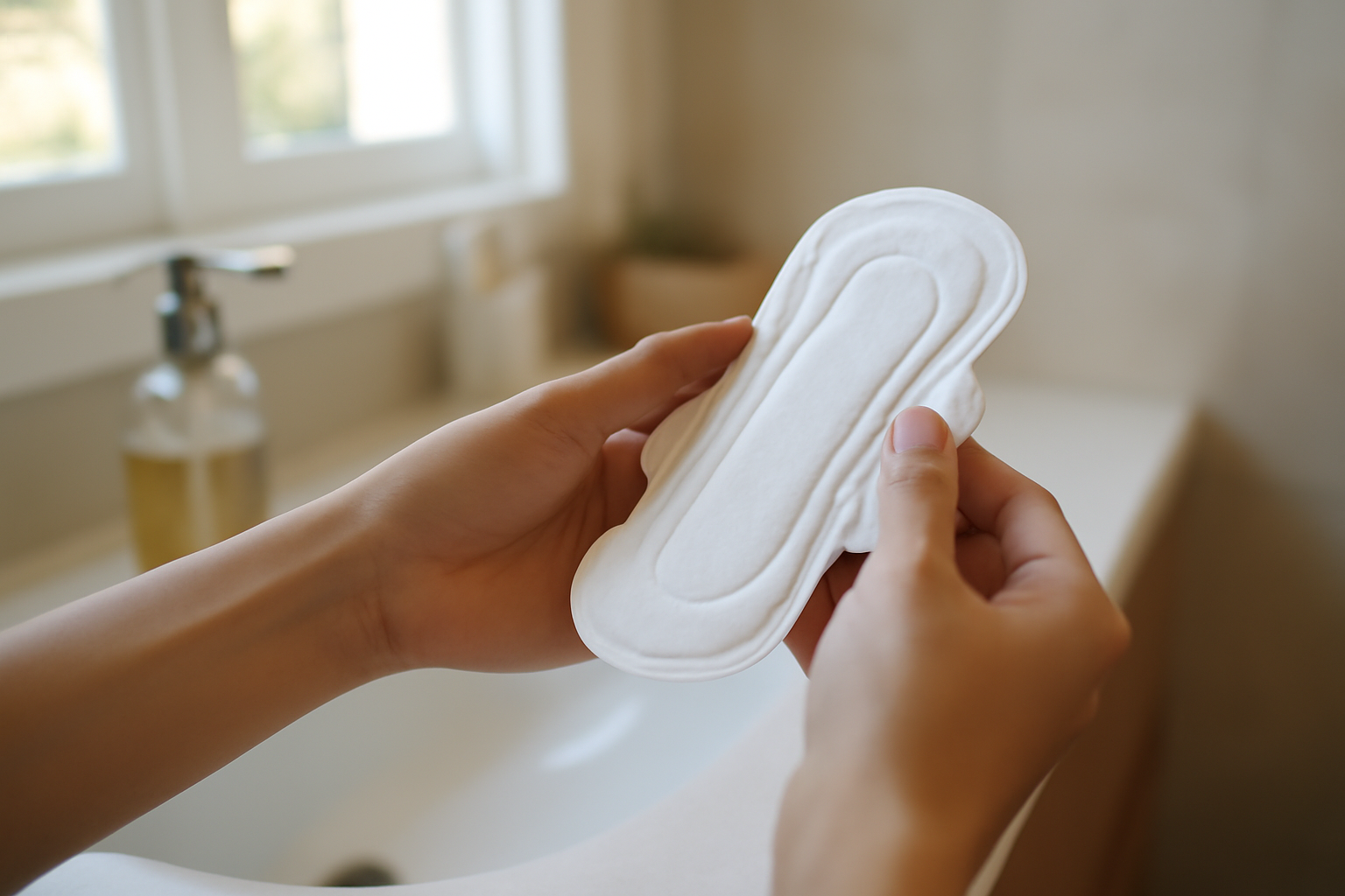 why does period blood smell bad — realistic close-up of a menstrual pad in a well-lit bathroom with a person preparing to change it
