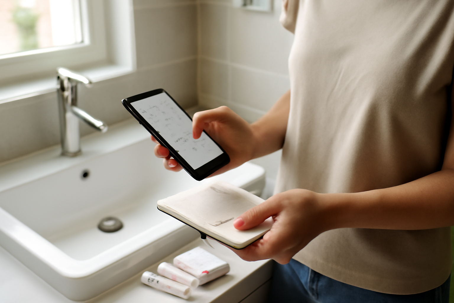 Woman checking her calendar for why is my period coming so early, realistic bathroom morning light