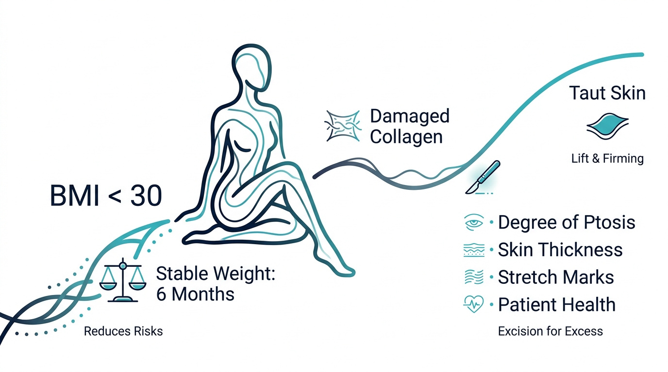 Infographic detailing BMI requirements and weight stability criteria for upper body contouring surgery.