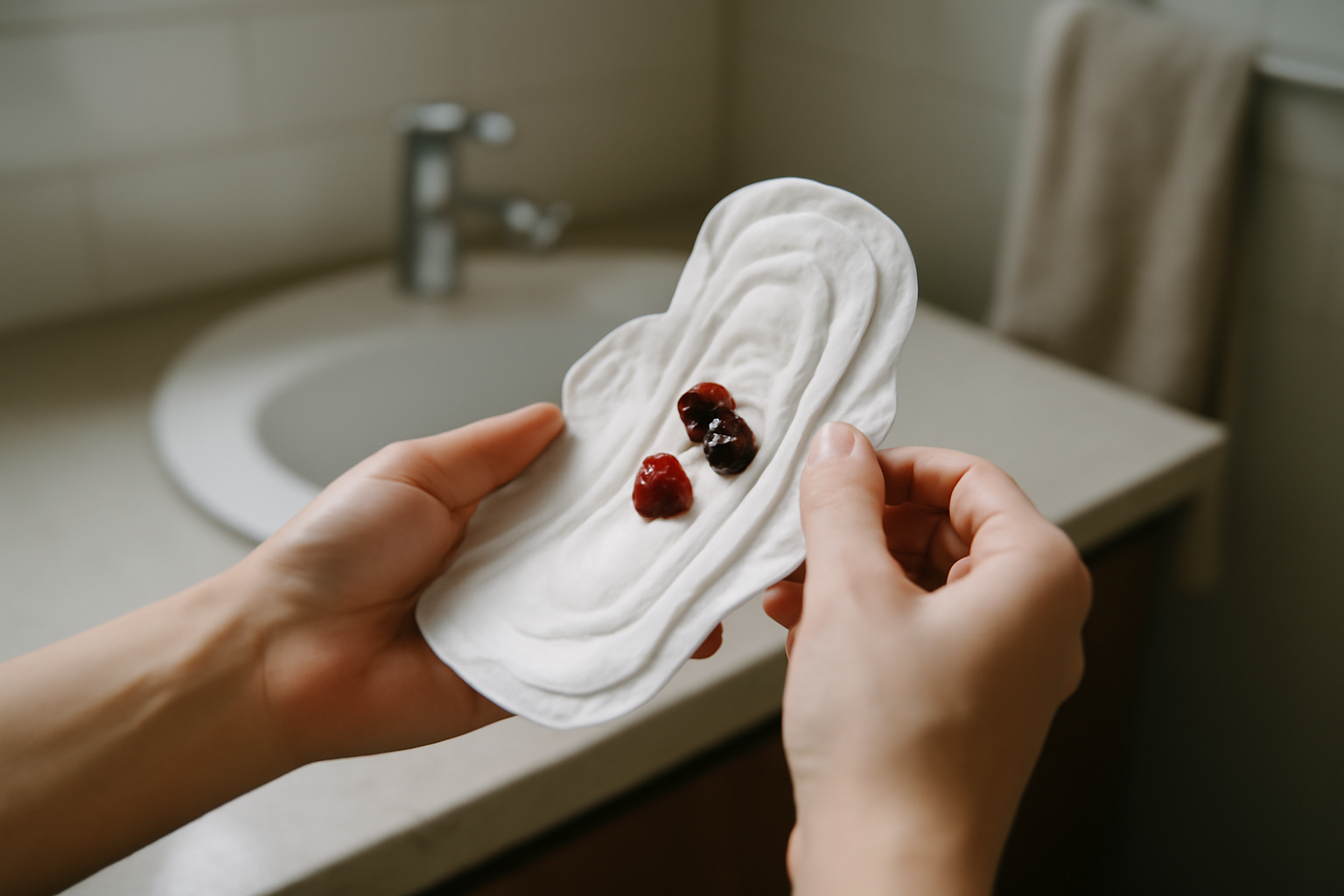 blood clot period on a menstrual pad showing small dark red clots