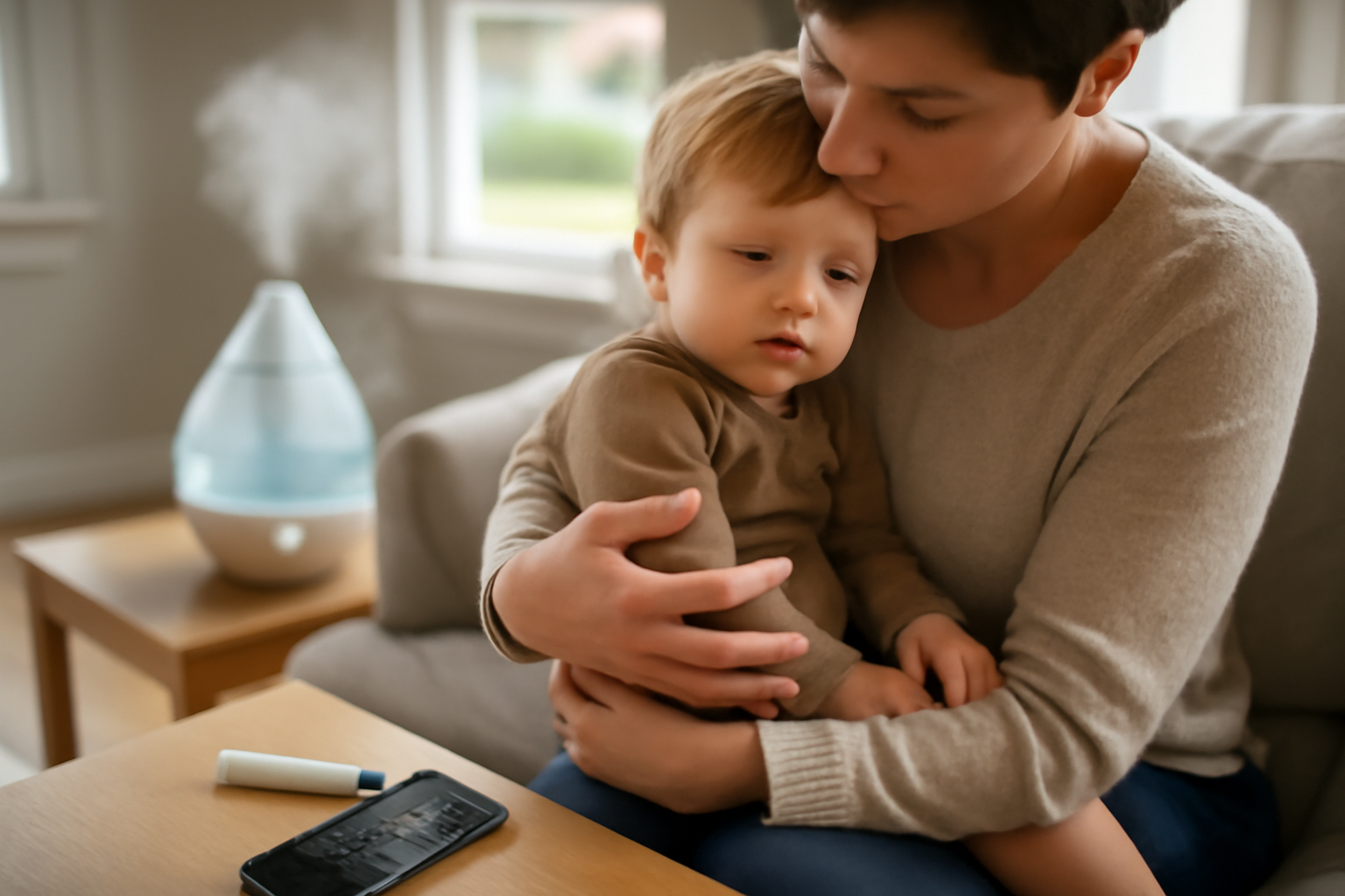 Child with croup breathing noise stridor at home with caregiver monitoring after steroids