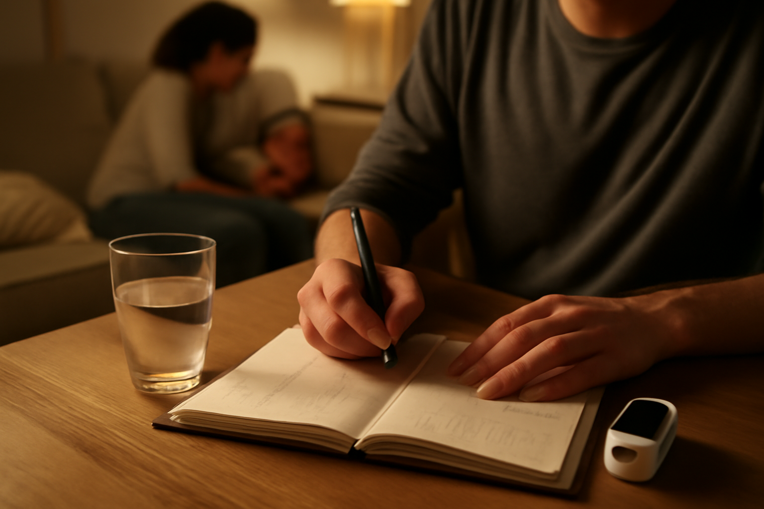 Tracking croup symptoms timeline on a notebook with parent checking breathing and hydration
