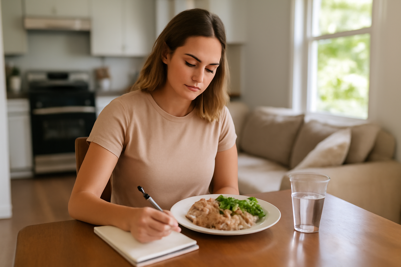 Can pcos cause fatigue—woman checking symptoms and meal plan at home, realistic photo