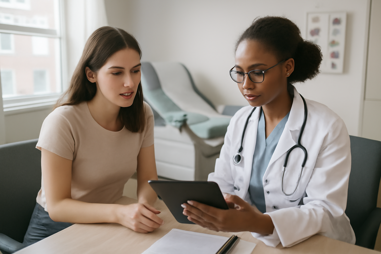 can pcos cause low libido—woman in a clinic consultation discussing symptoms and hormones