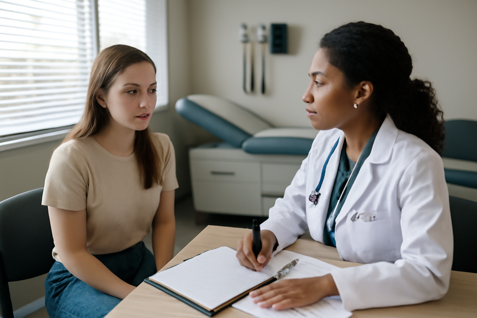 Woman with PCOS/PMOS discussing weight changes with a clinician during a clinic visit