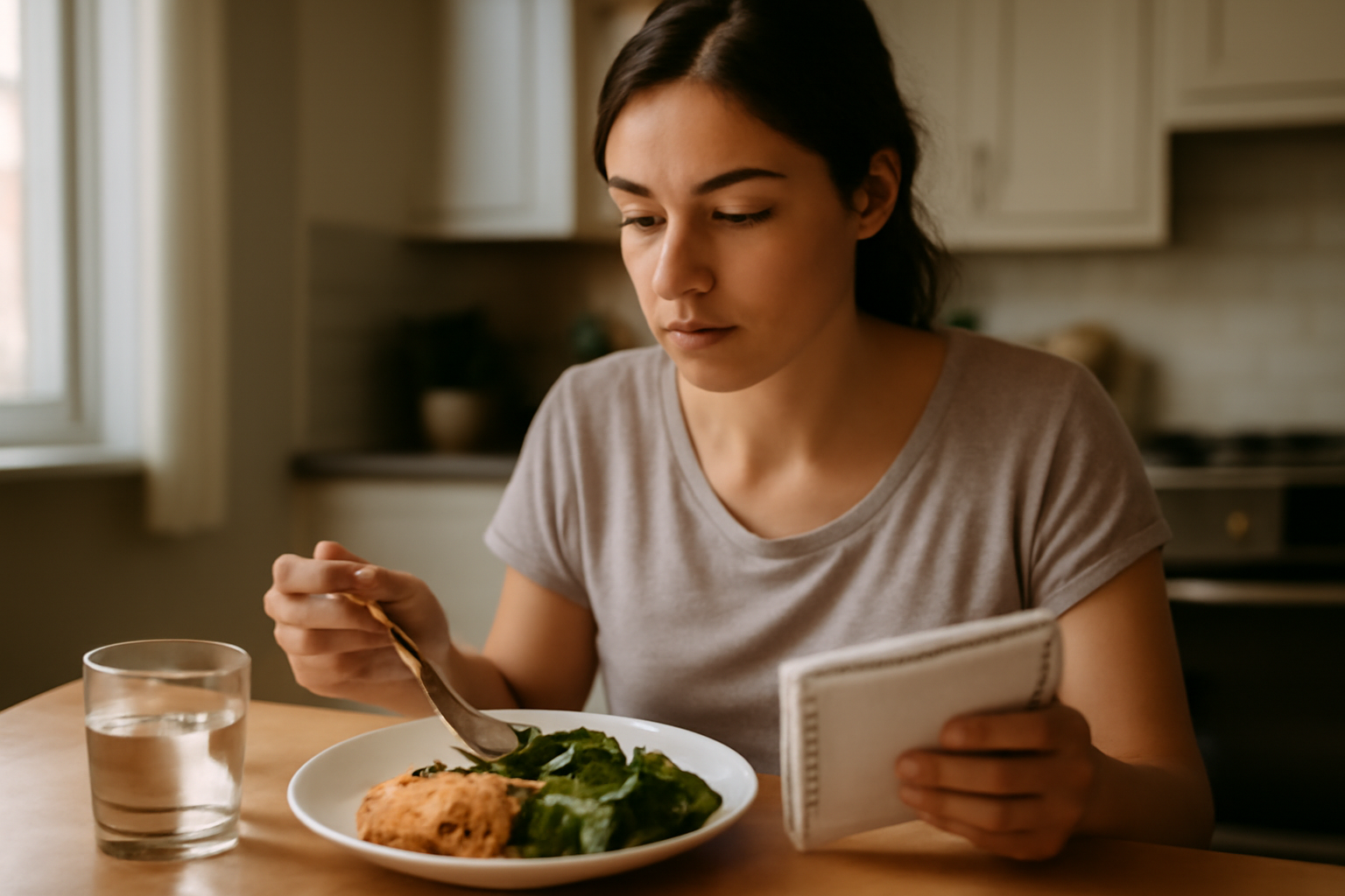 Woman checking energy and fatigue symptoms related to does pcos make you tired at a kitchen table with glucose-friendly meal prep, natural morning light