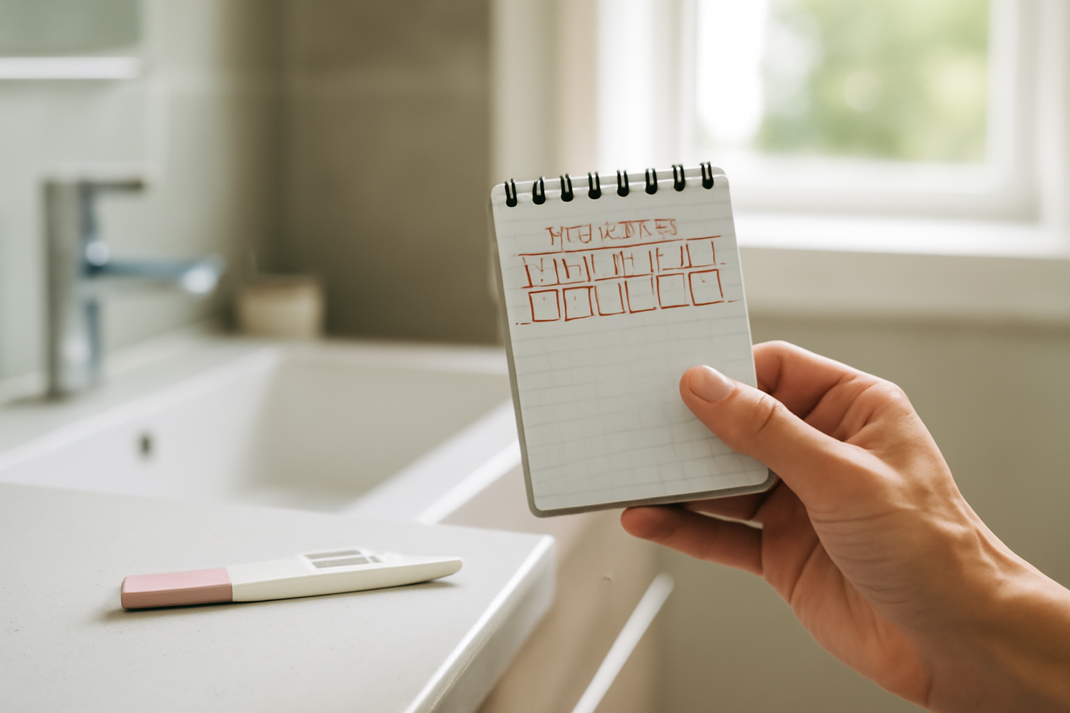 what is the first sign of pregnancy spotting on a calendar and home pregnancy test in a bright bathroom