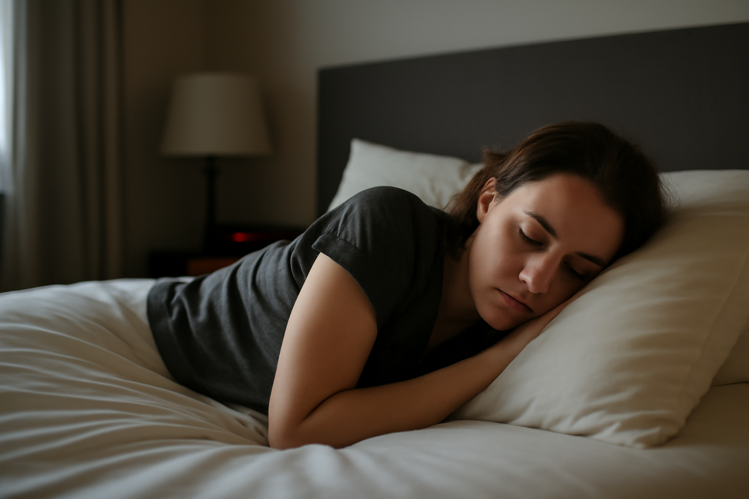 how many hours of sleep should a woman get, woman sleeping in a quiet bedroom with a bedside lamp off