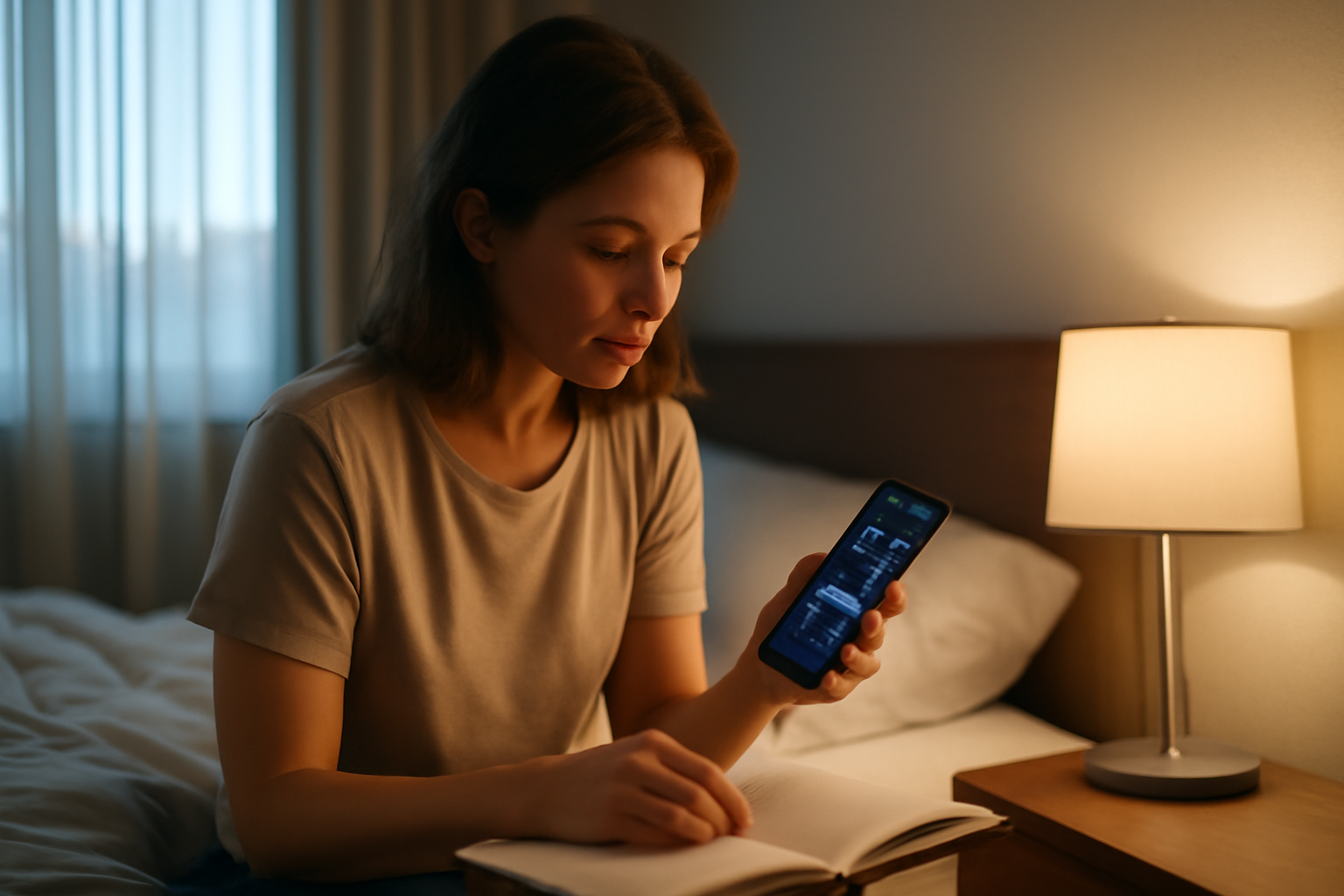 How much sleep do women need by age, shown with a woman checking a bedside clock and sleep schedule in a calm bedroom