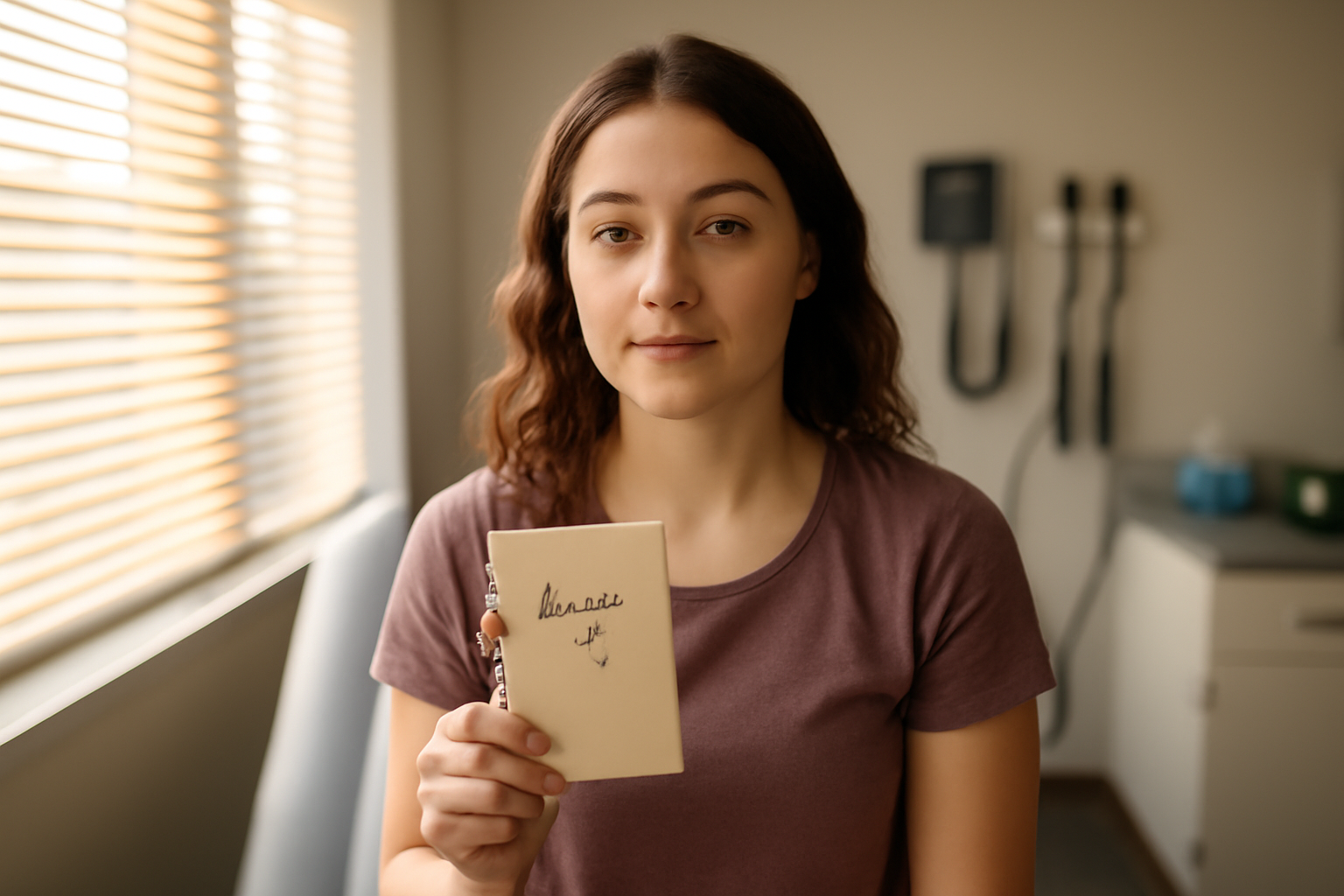 Young woman in a bright clinic exam room holding a symptom log, warm sunlight through blinds, realistic photo style