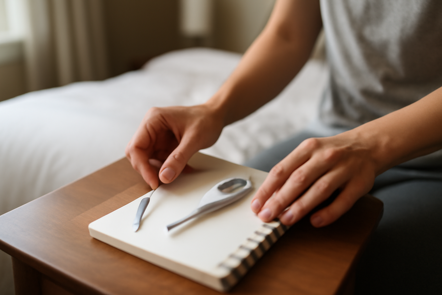 late ovulation after miscarriage tracking with OPK strips, a thermometer, and a notebook on a bedside table in natural morning light