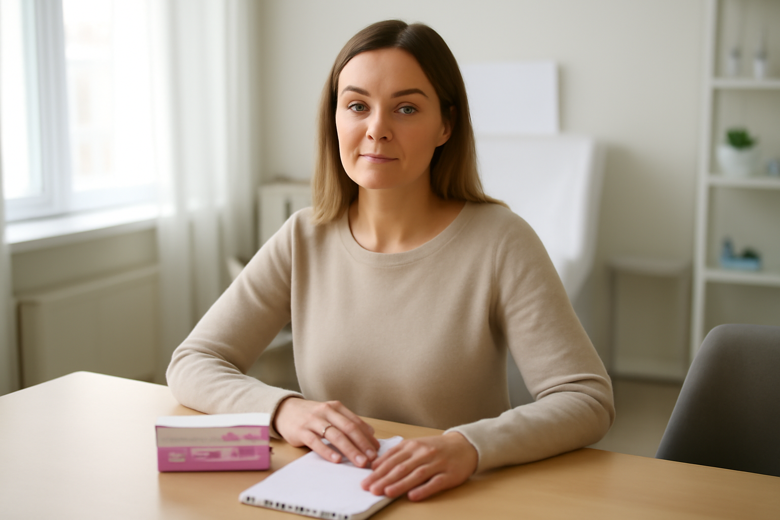 Woman in a clinic room reviewing perimenopause and fertility notes with an ovulation test kit on a desk