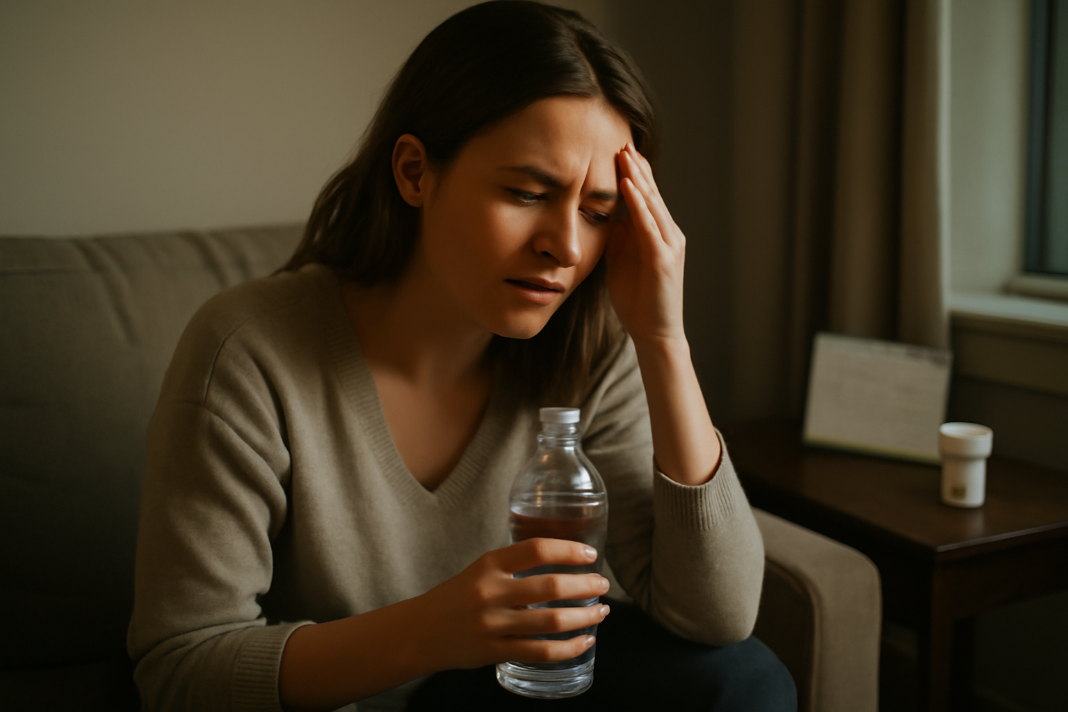 Period migraine symptoms around menstruation with a person holding their head in natural window light