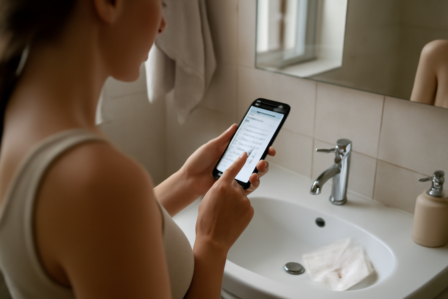 A close-up of a woman looking at her phone calendar mid-cycle, with a bathroom sink background and a tissue showing faint pink-tinged cervical mucus