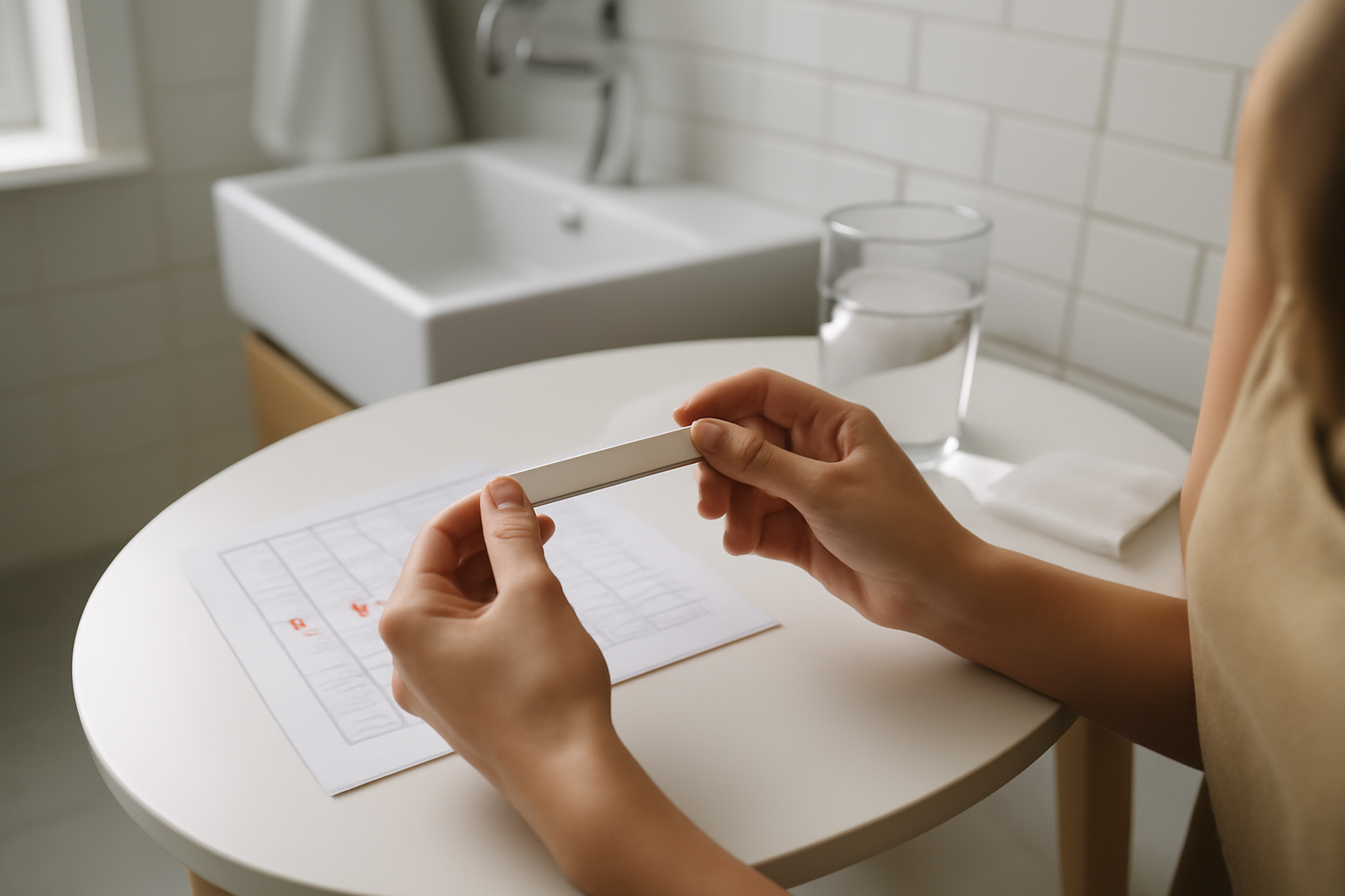 spotting after ovulation am i pregnant: realistic bathroom scene with a pregnancy test and menstrual calendar