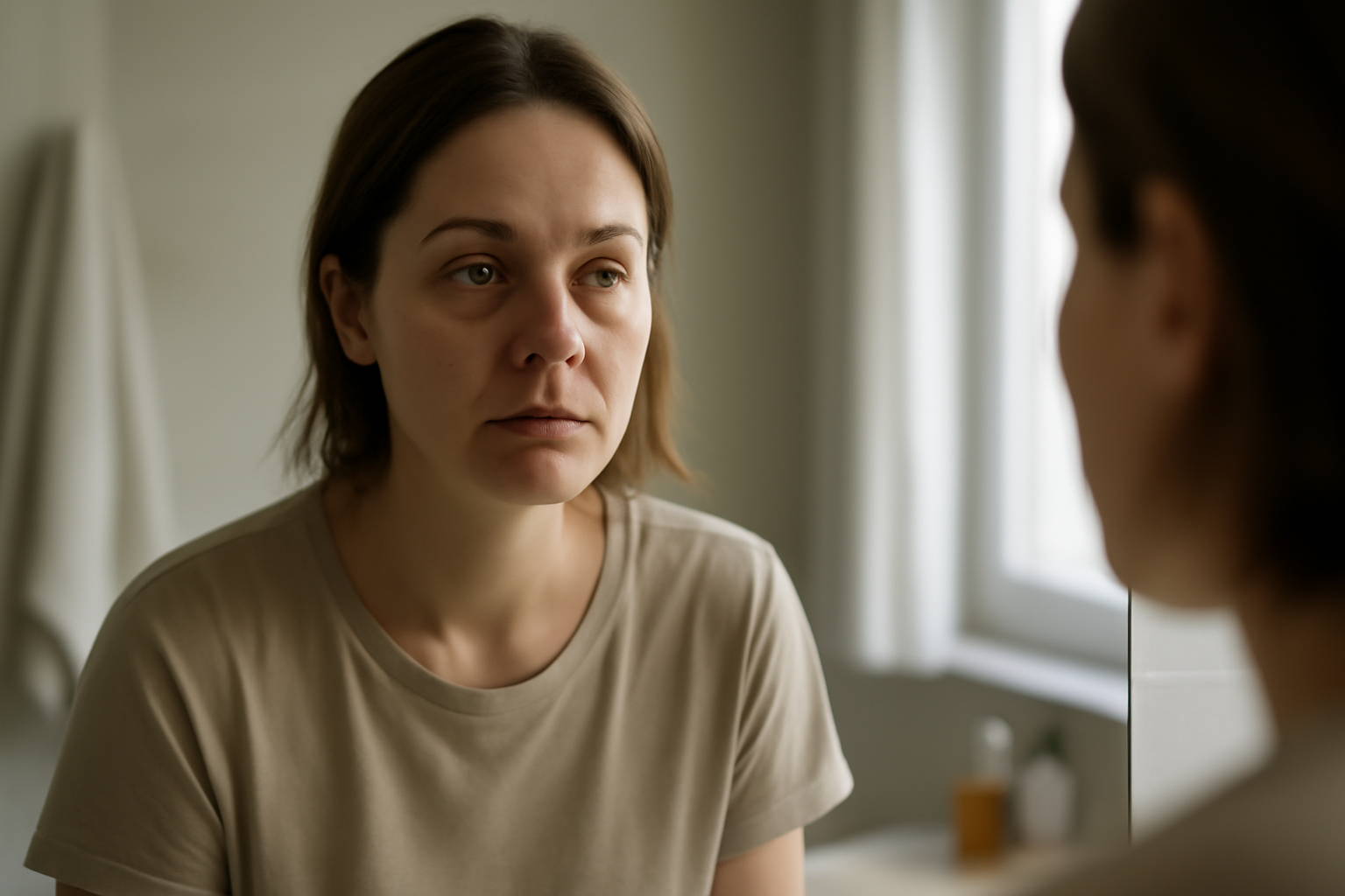 Woman in natural daylight looking into a bathroom mirror, subtle under-eye hollowness visible, realistic skin texture, neutral background