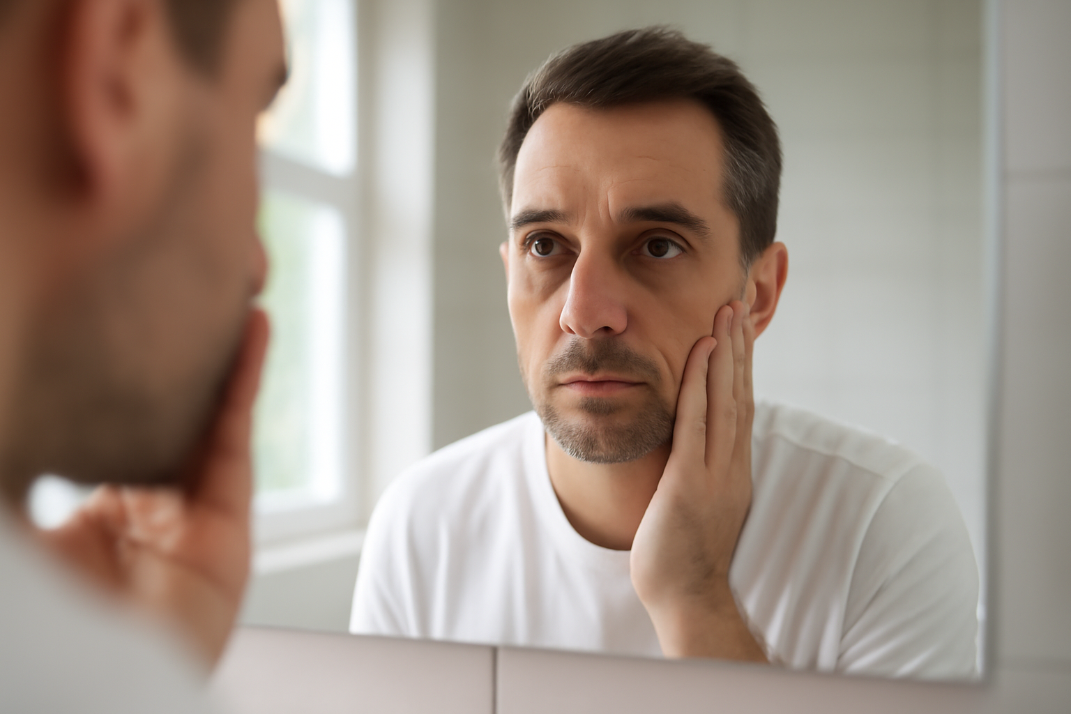 Person in natural daylight looking slightly tired, with visible under-eye hollowness and tear trough shadows