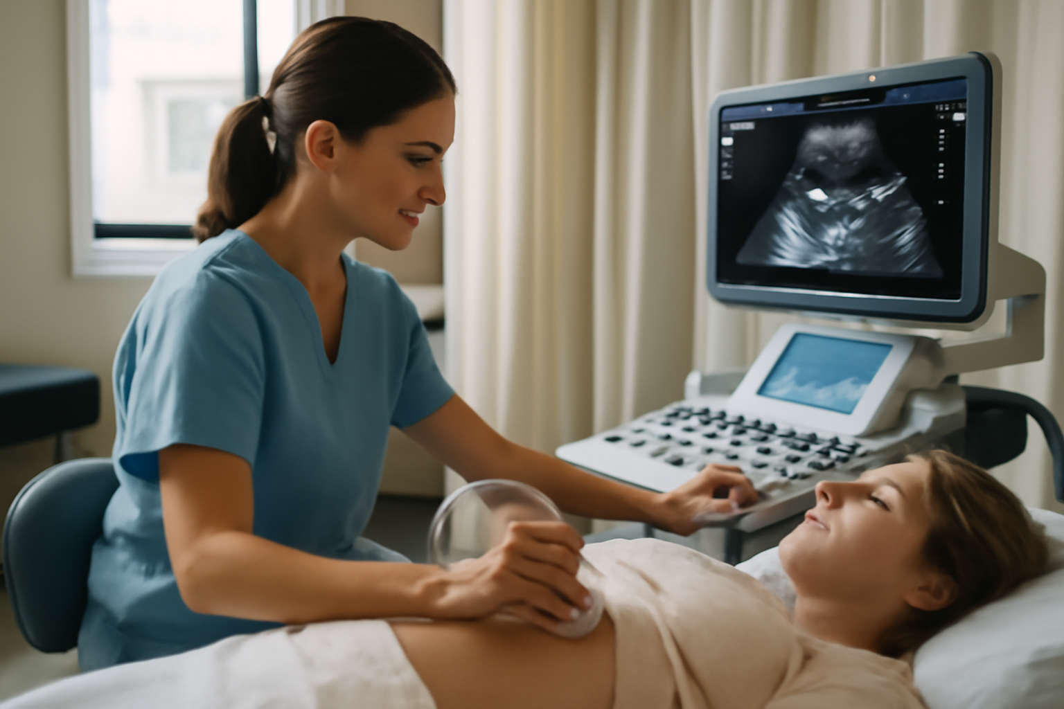 Uterus size during period: realistic pelvic ultrasound scene with a clinician and patient in a US clinic