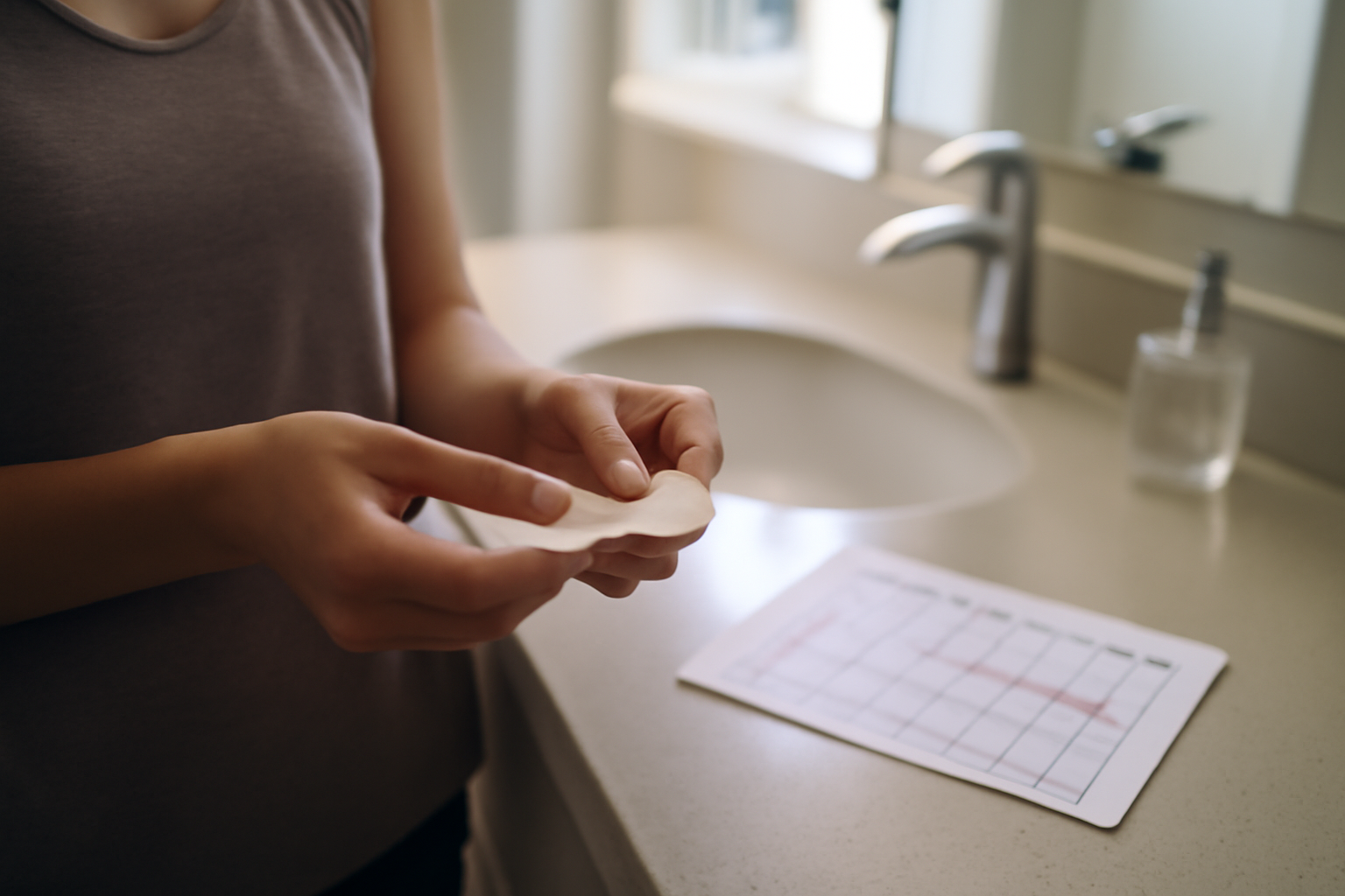 what is the white discharge before period on a realistic bathroom counter with a calendar and cotton underwear