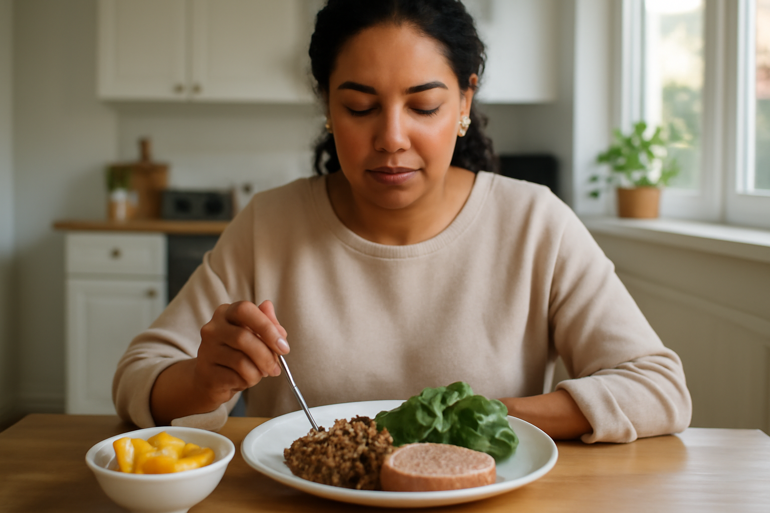 why do women need more iron: realistic photo of a woman holding a glass of water with a meal plate, iron-rich foods visible, natural daylight, kitchen setting
