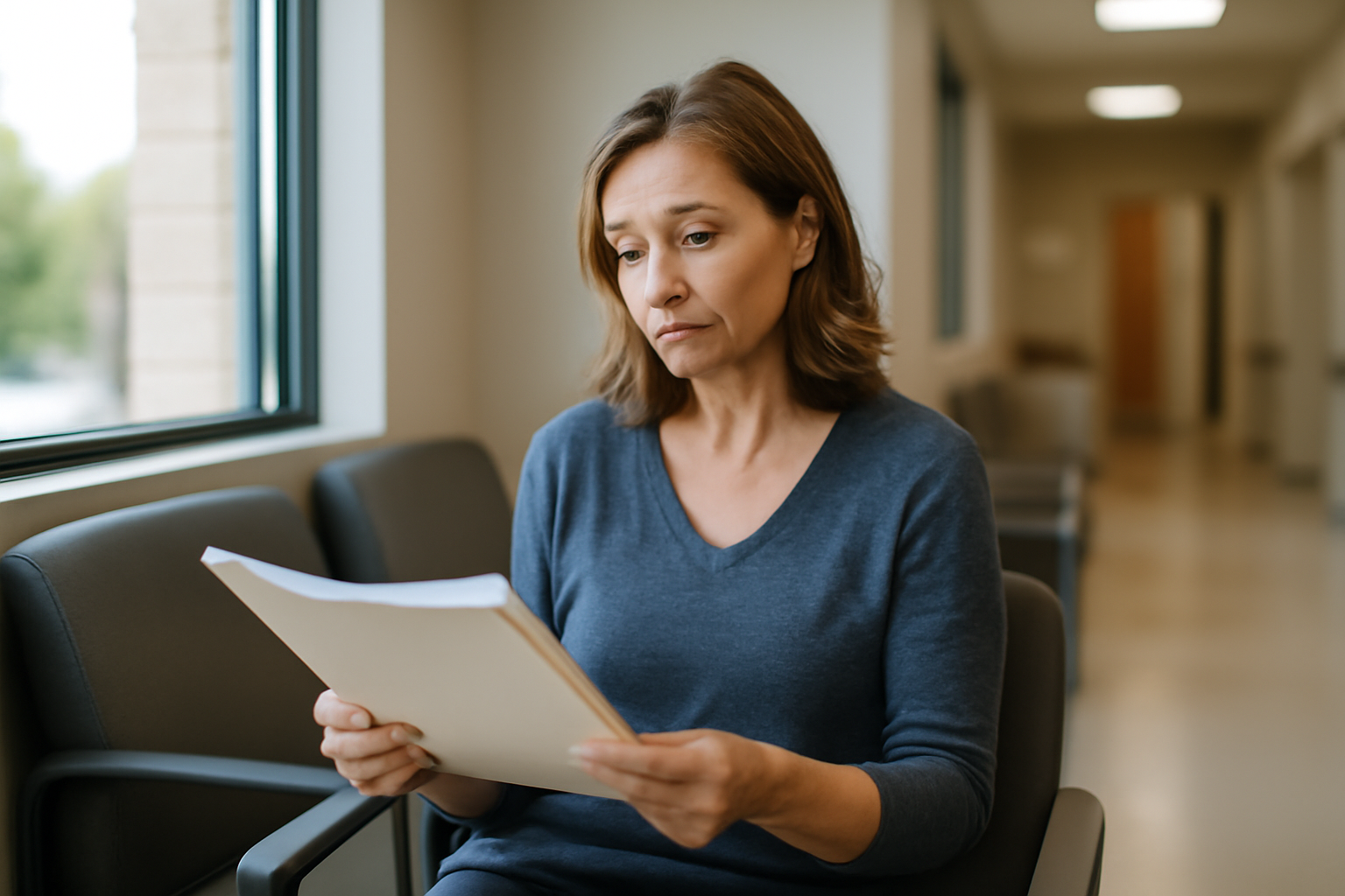 are women fertile after menopause—woman in a clinic waiting room holding a medical folder, soft natural light