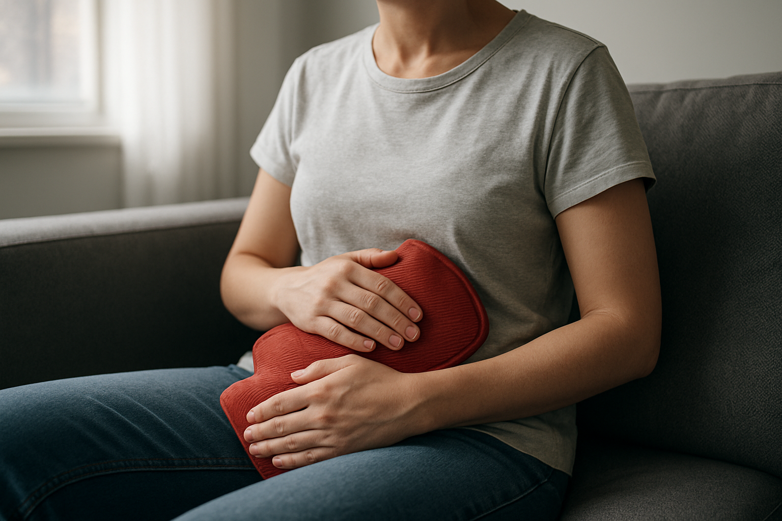 Realistic photo of a person holding a warm compress over the lower abdomen while sitting at home, soft natural light, medical-neutral setting