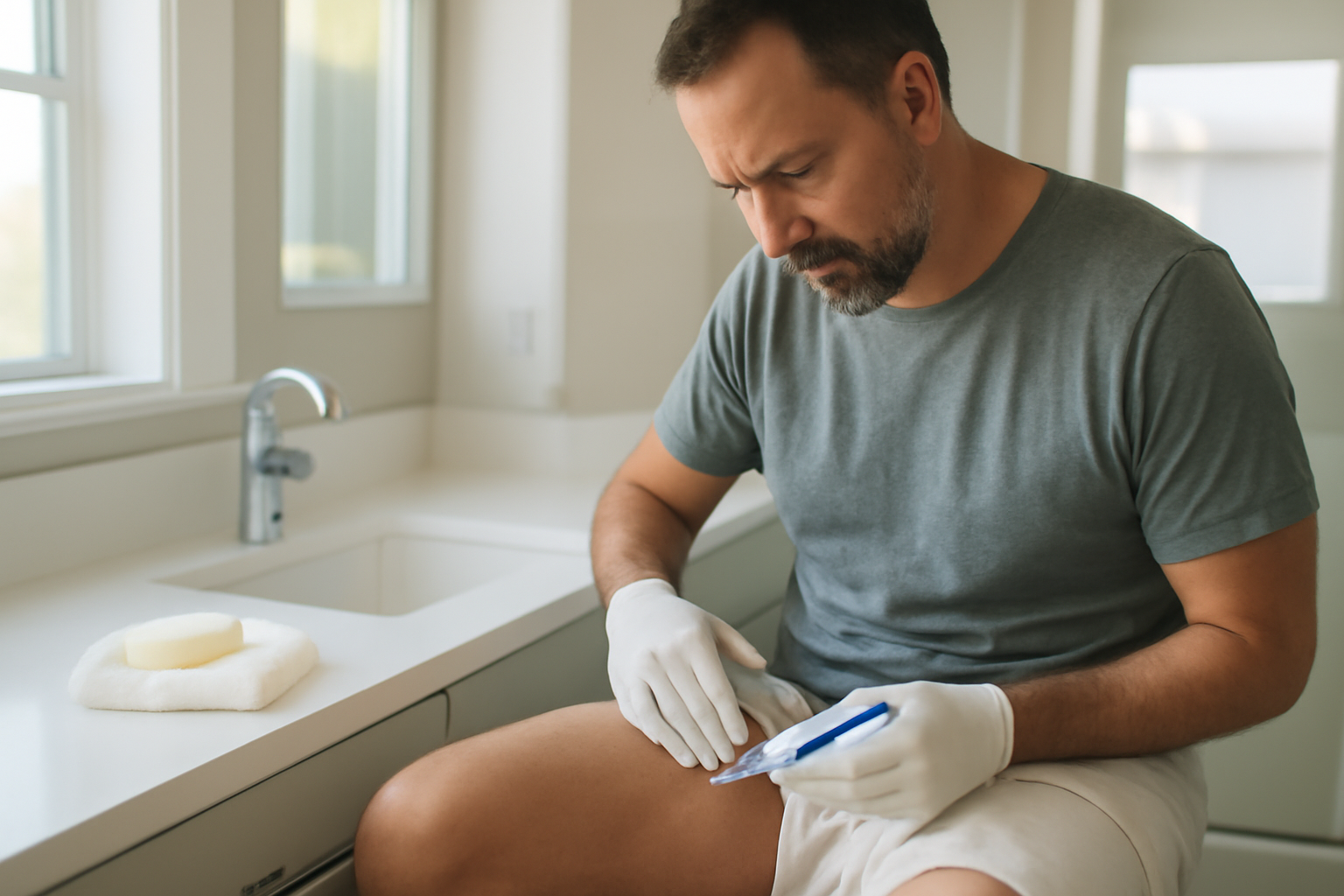 can a man use a yeast infection cream — realistic photo of a man in a bathroom applying an OTC antifungal cream to clean, dry genital skin