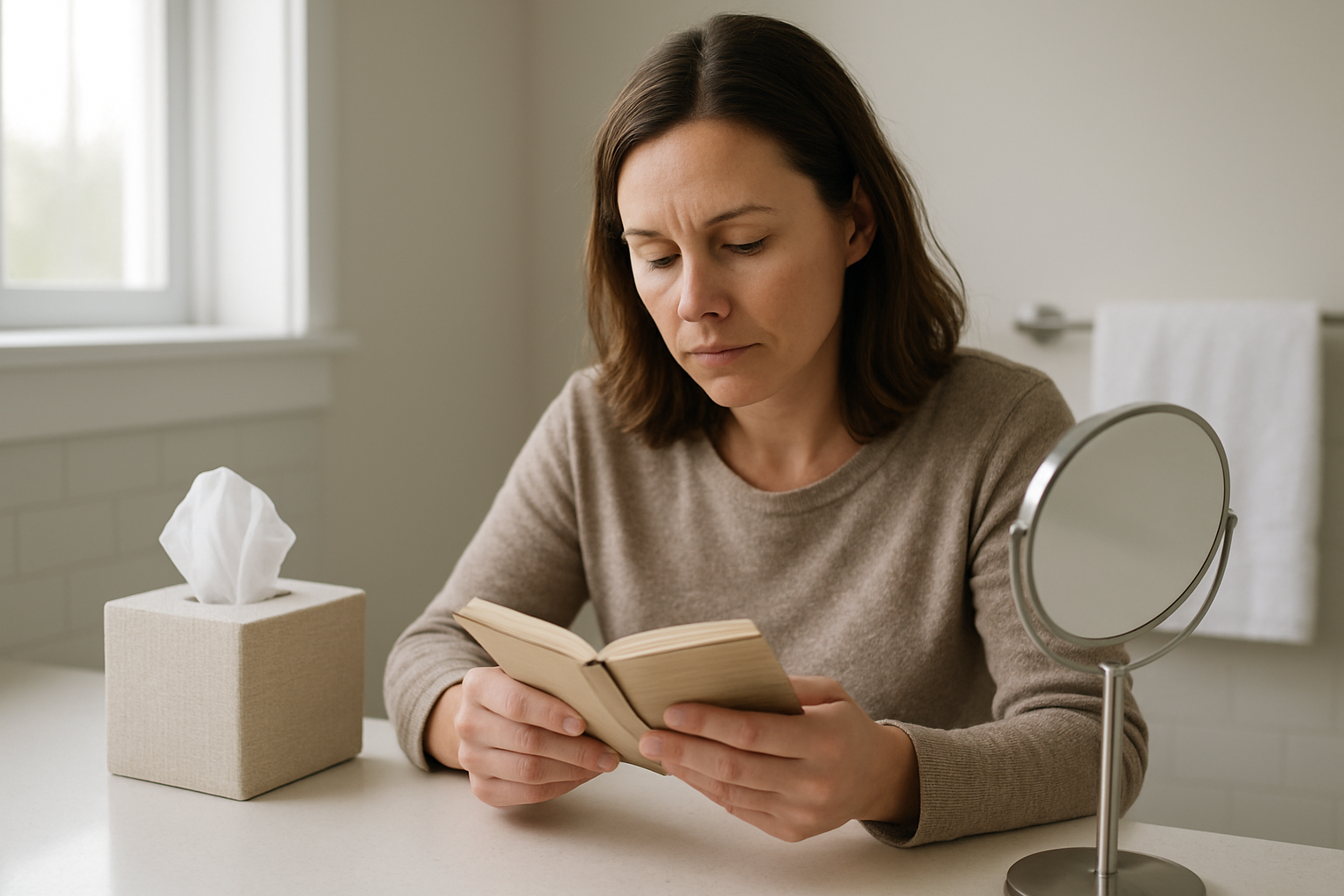 Woman in a bathroom checking cervical mucus in a mirror with tissues and a notebook, natural daylight, realistic photo
