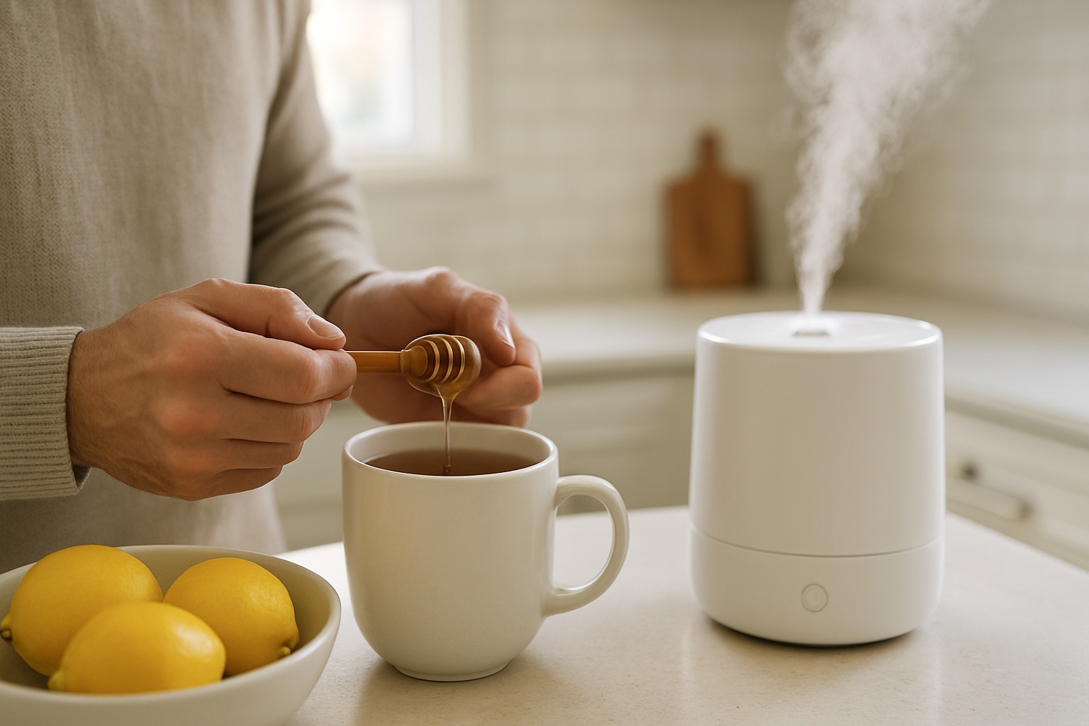 A person drinking warm tea with honey at a kitchen table while a humidifier runs in the background