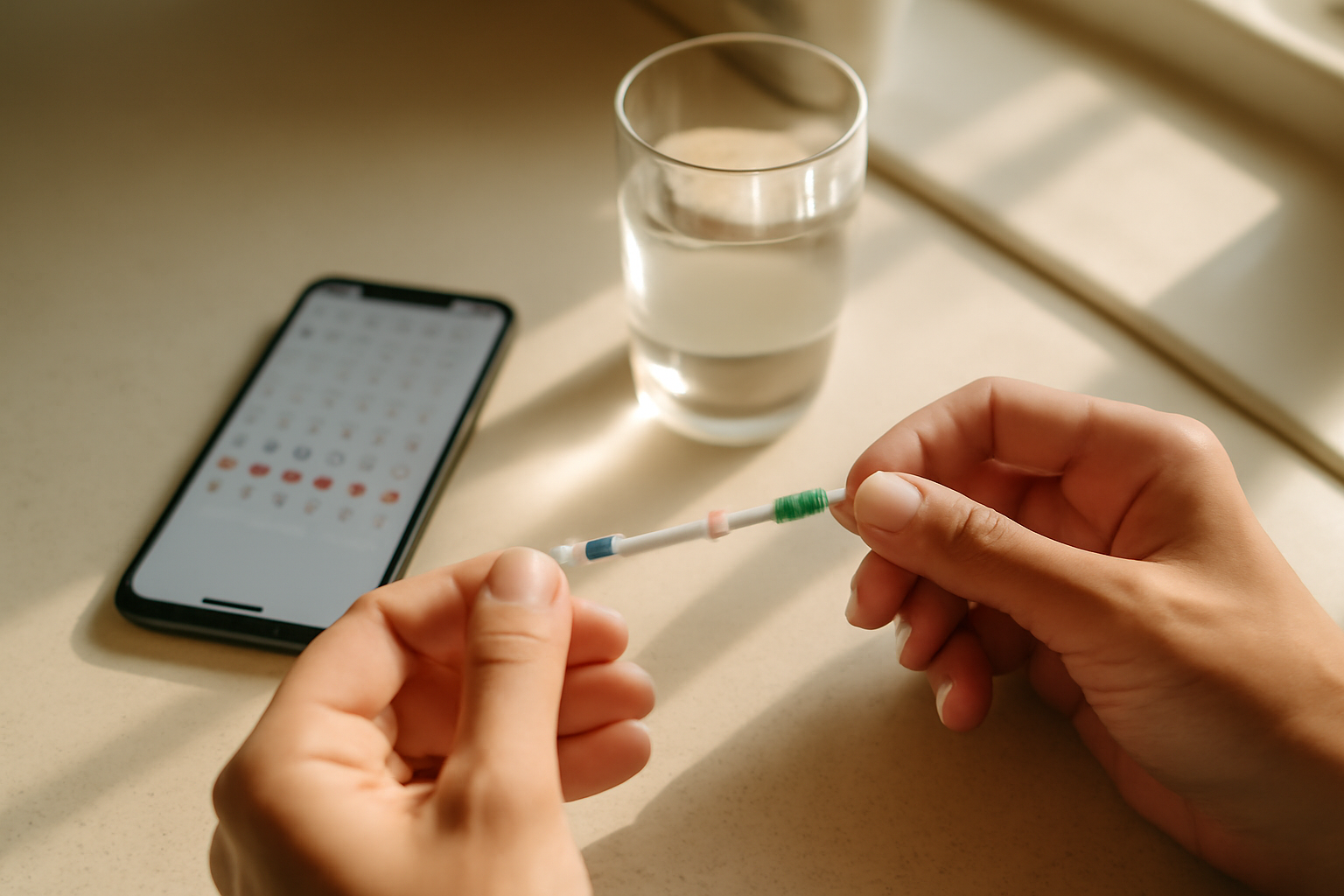Tracking ovulation with an at-home LH test kit next to a smartphone calendar in a bright bedroom