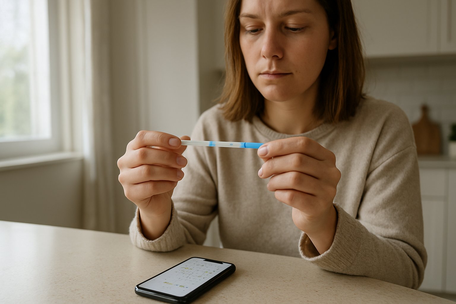 Close-up of a person using an ovulation test strip and phone calendar at a kitchen table, natural morning light