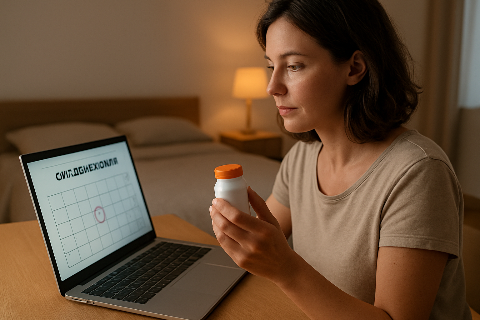 Person holding a small bottle of fertility vitamins and checking an ovulation calendar on a laptop in a quiet bedroom