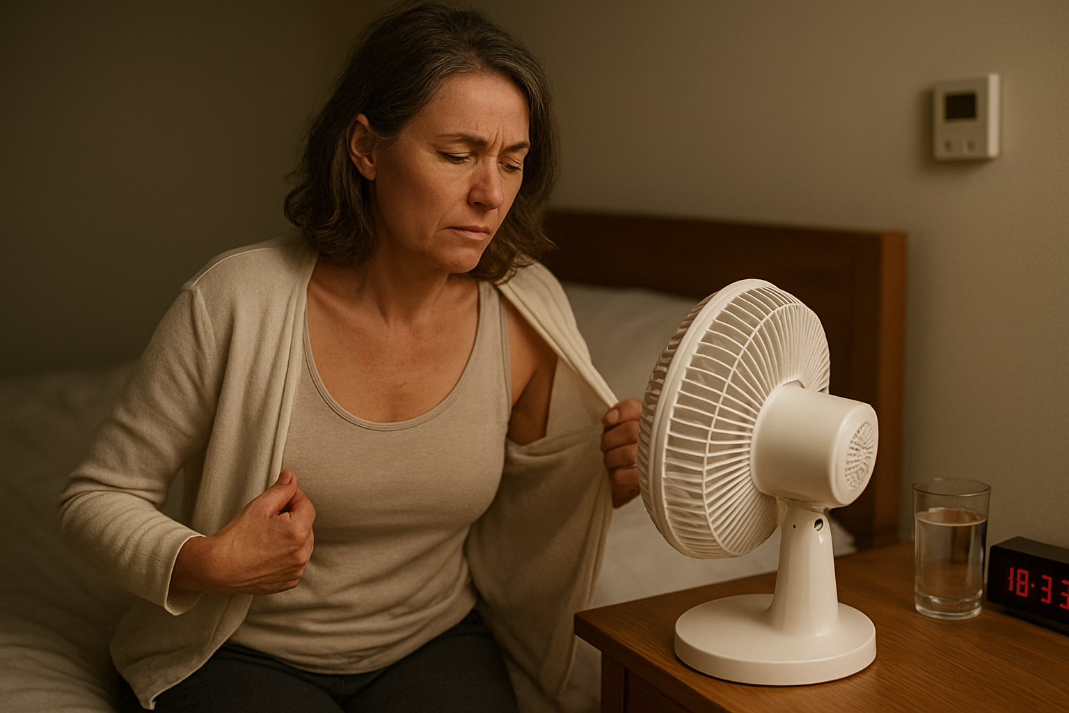 Woman in a bedroom at night adjusting a fan and removing a layer of clothing during a hot flash