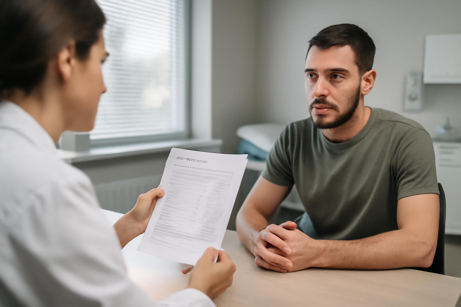 Close-up of a clinician reviewing a semen analysis report with a patient in a modern clinic room