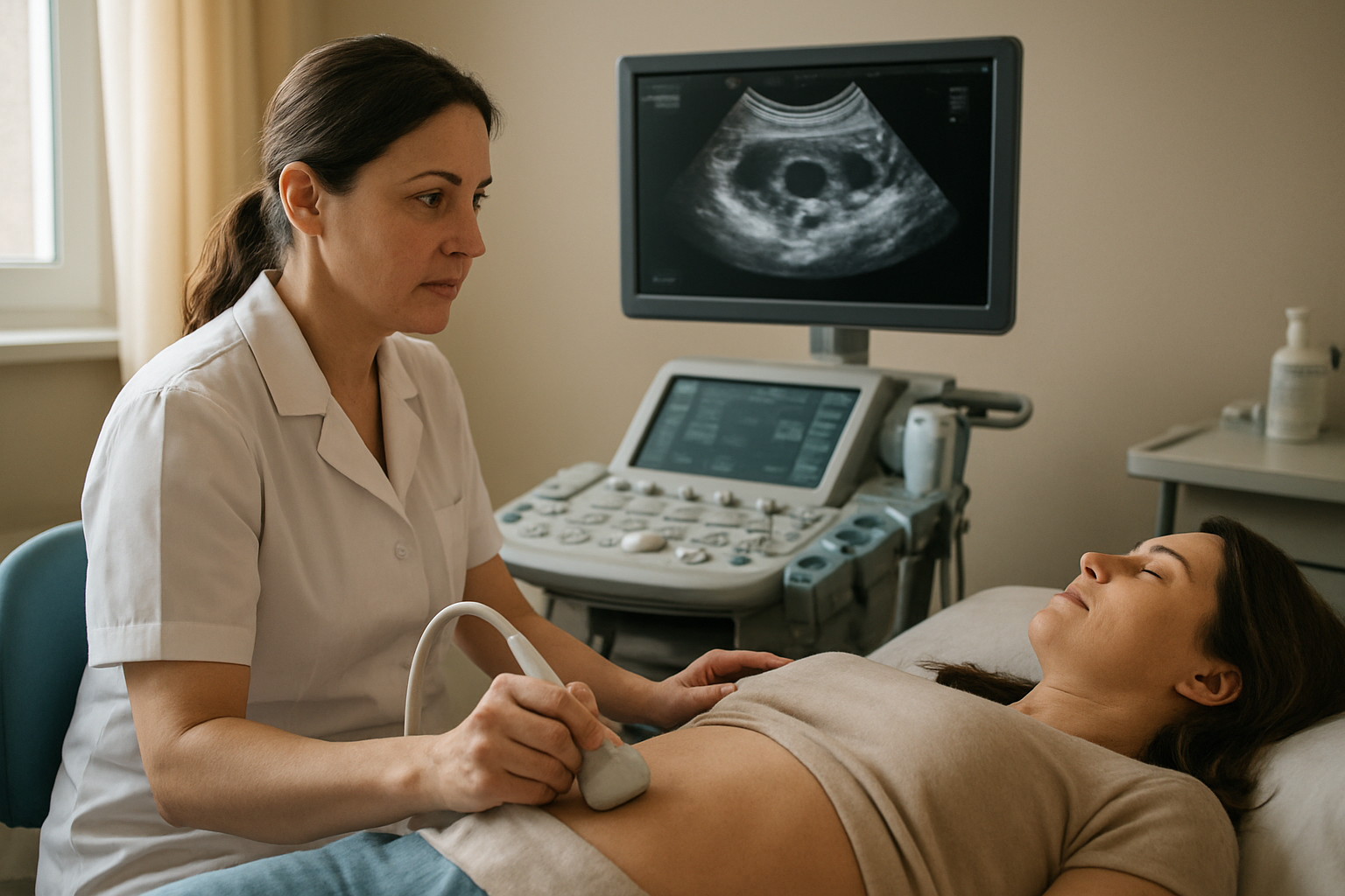 Ultrasound monitoring of ovarian follicles during fertility evaluation in a clinic room