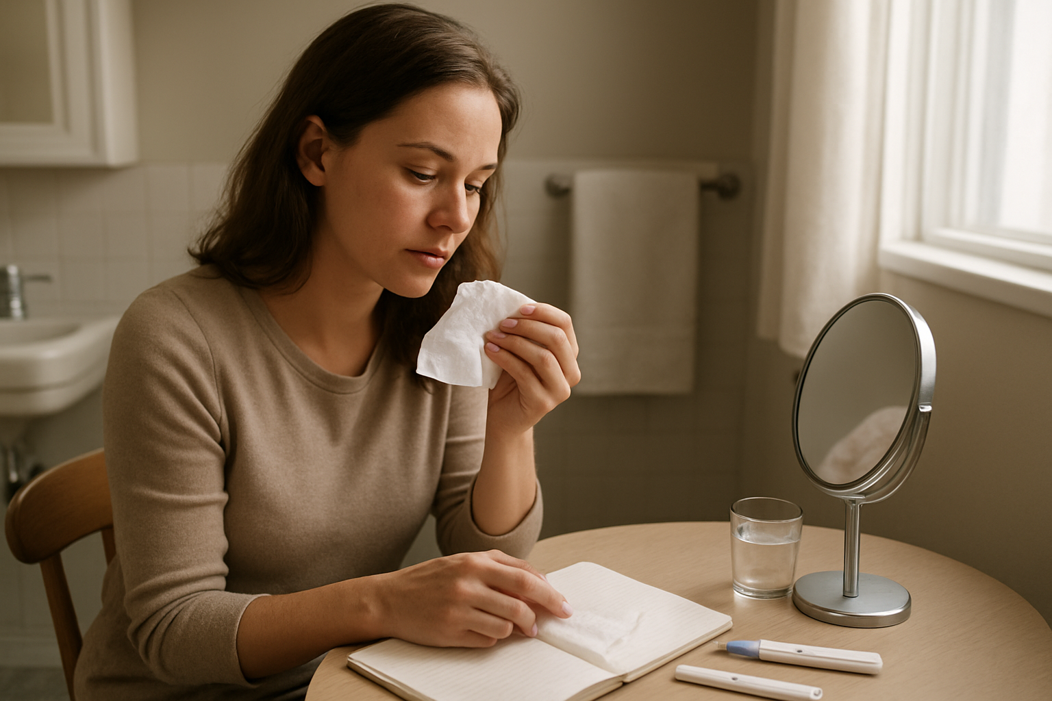 Woman tracking ovulation signs after miscarriage with cervical mucus observations and ovulation test kit at home, morning natural light