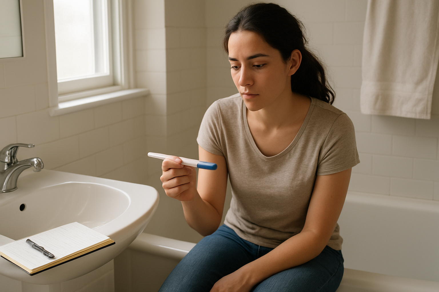 Woman in a bathroom checking a home pregnancy test while keeping track of pelvic cramps in a notebook