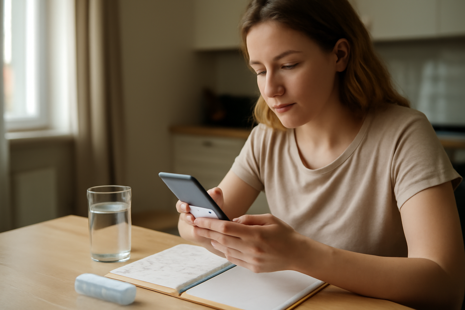 Woman tracking pms symptoms in women on a phone calendar next to a glass of water in a bright kitchen