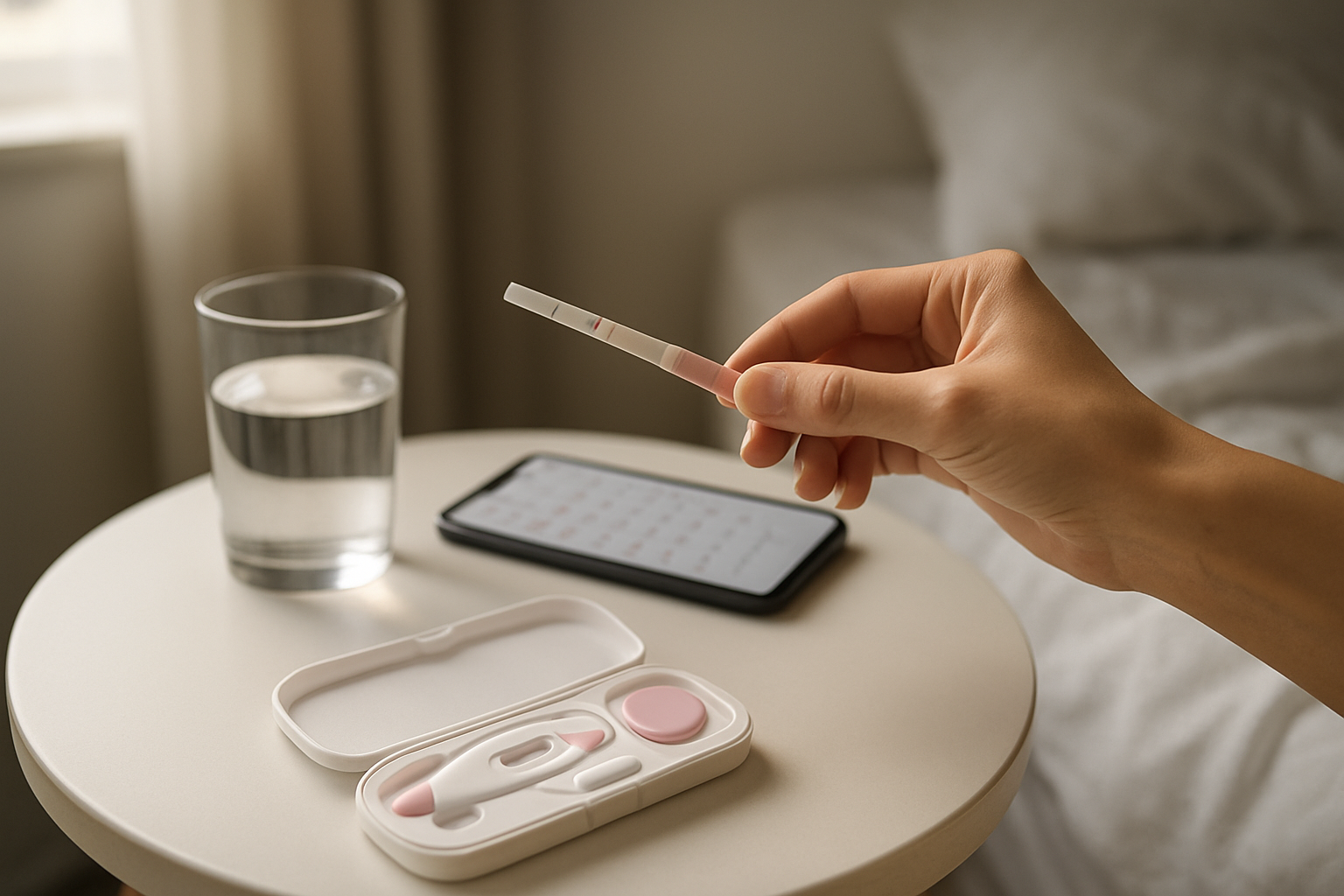 Close-up of an ovulation tracking kit with a pregnancy test and a smartphone calendar on a bedside table