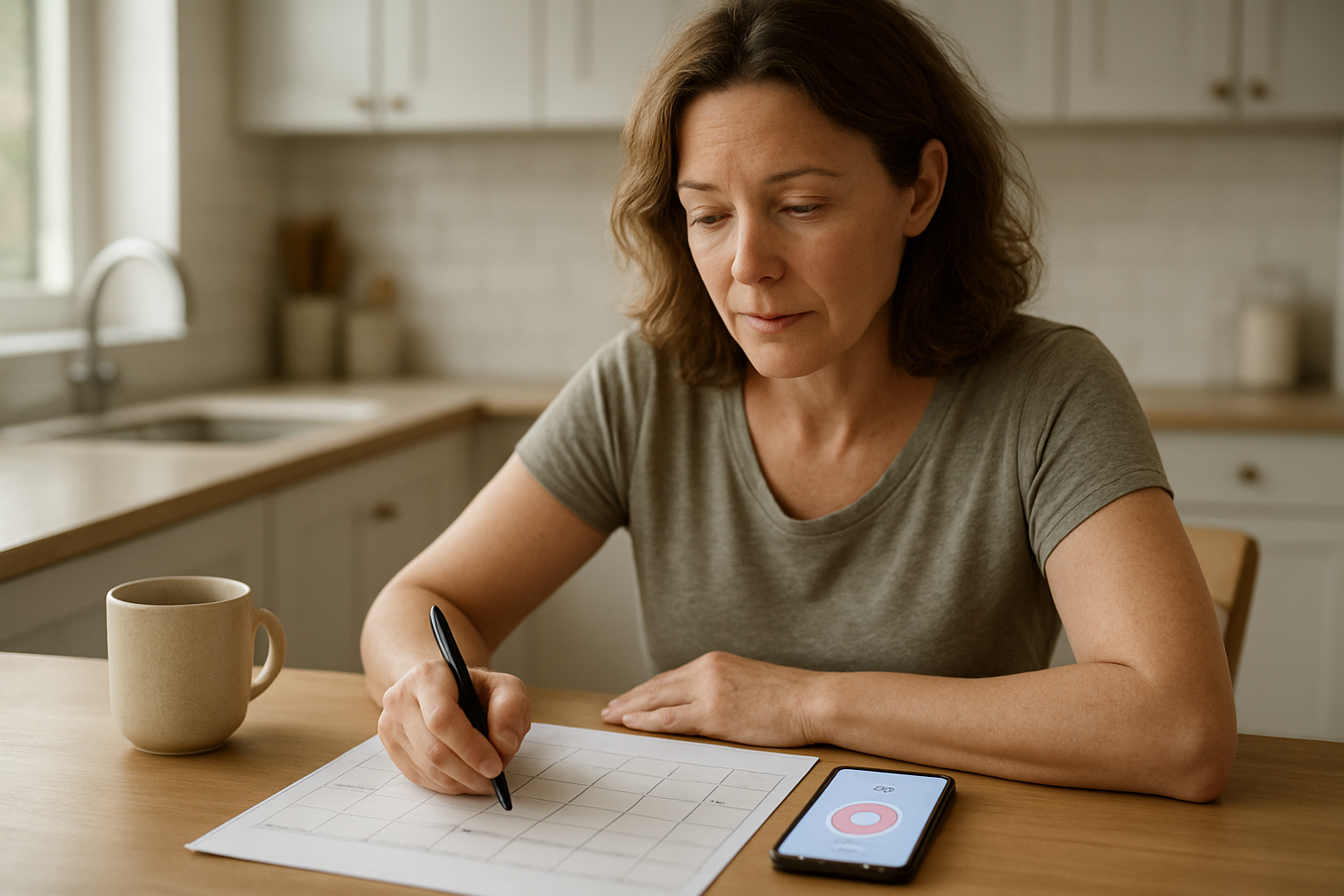 Woman marking dates on a calendar next to menstrual tracking app on a phone in a bright kitchen