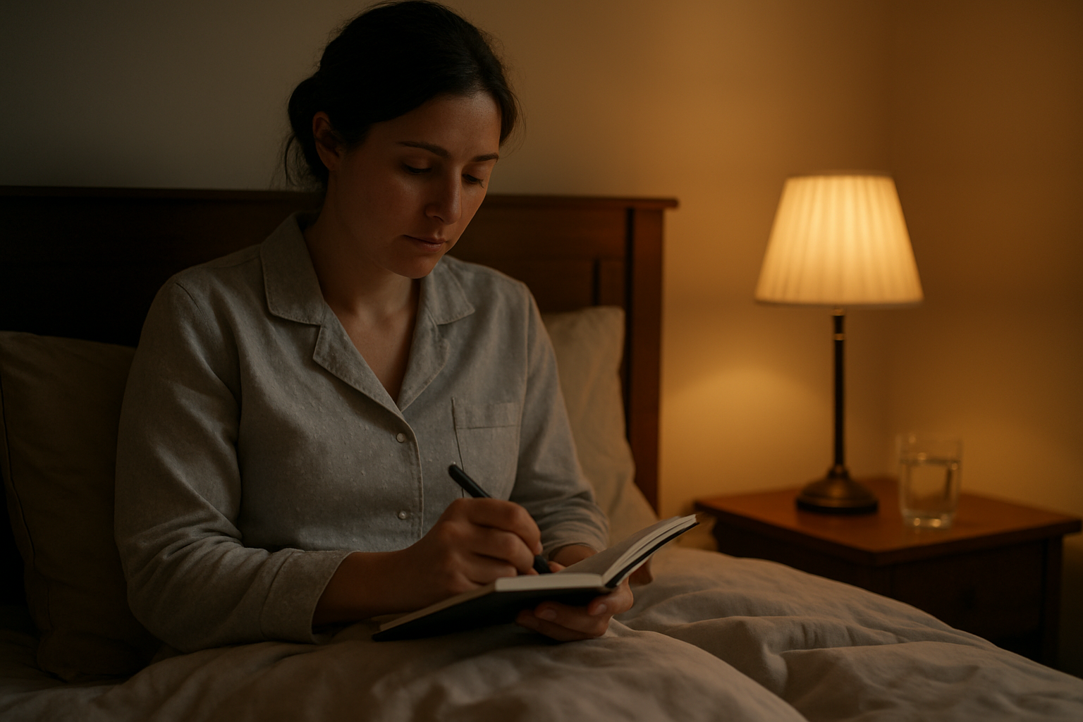 Bedroom scene with a person checking a night-time journal for sleep and temperature comfort