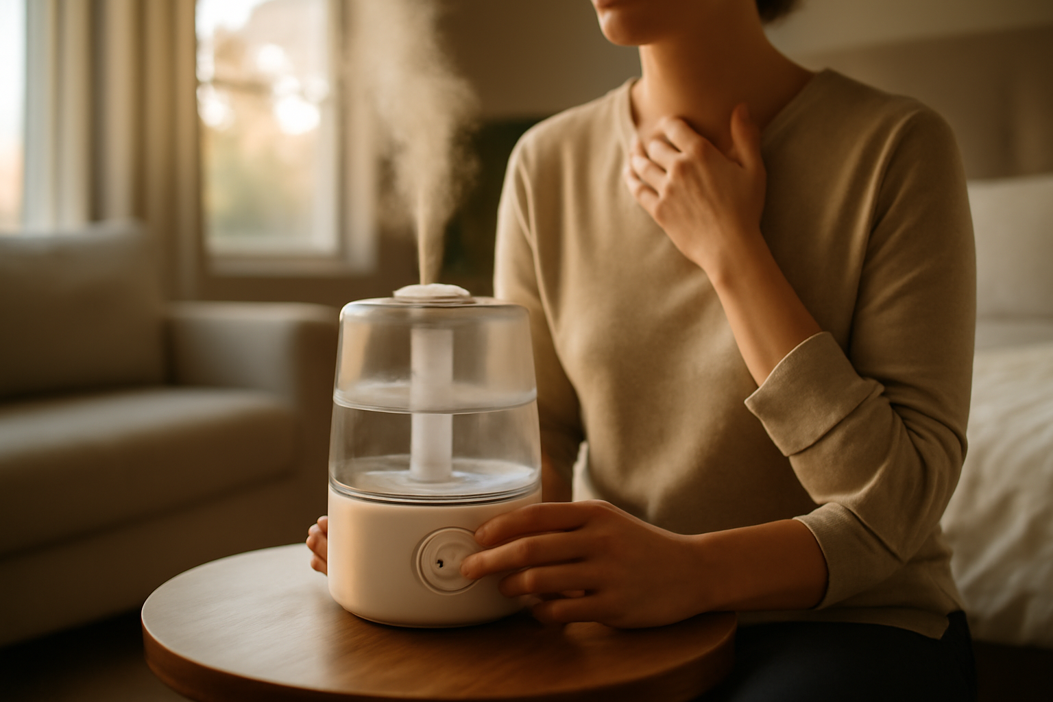 Person in a well-lit home adjusting a humidifier and checking indoor air dryness