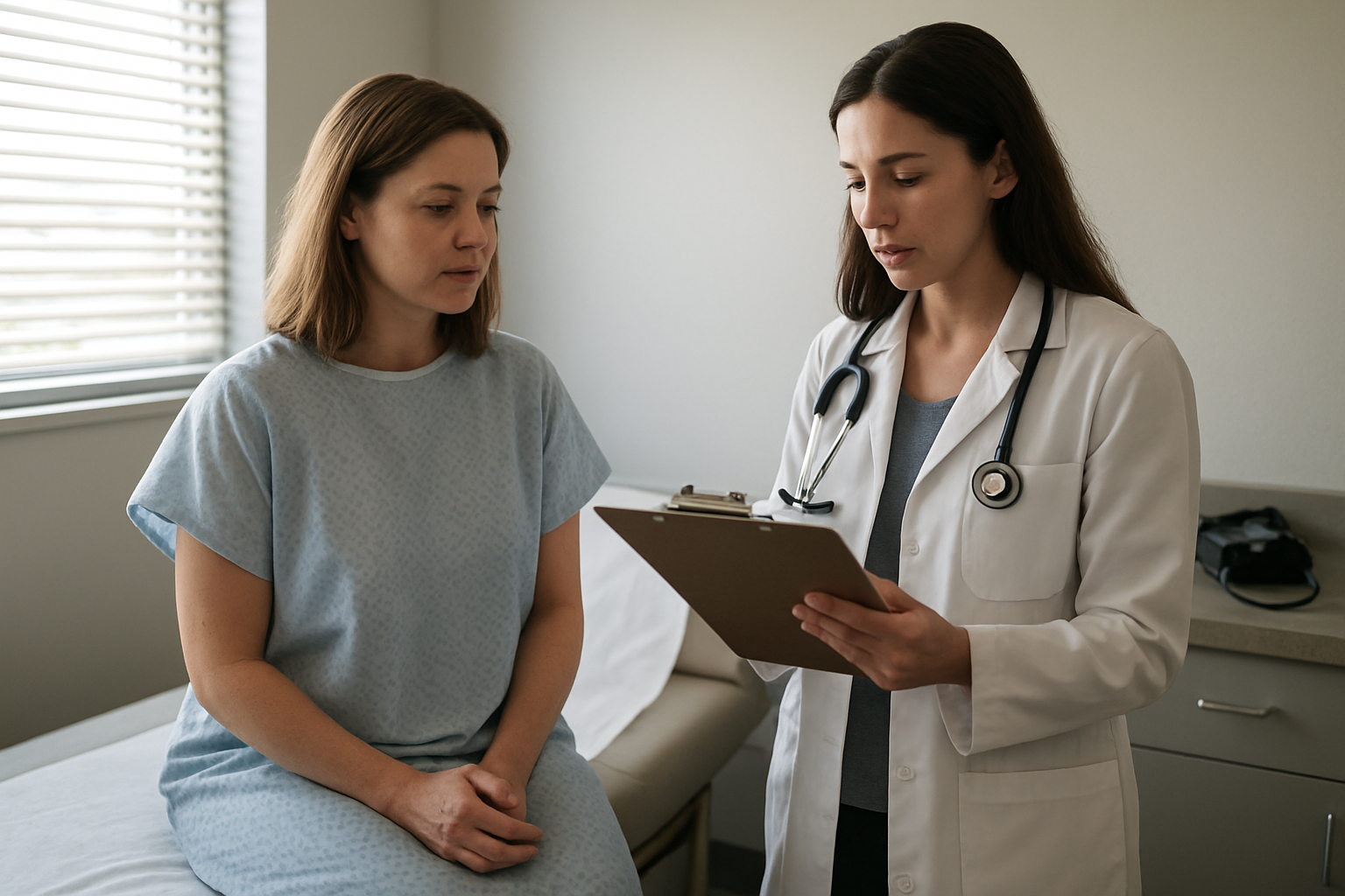 Woman in a clinic examining lower abdominal pain with a clinician during an assessment